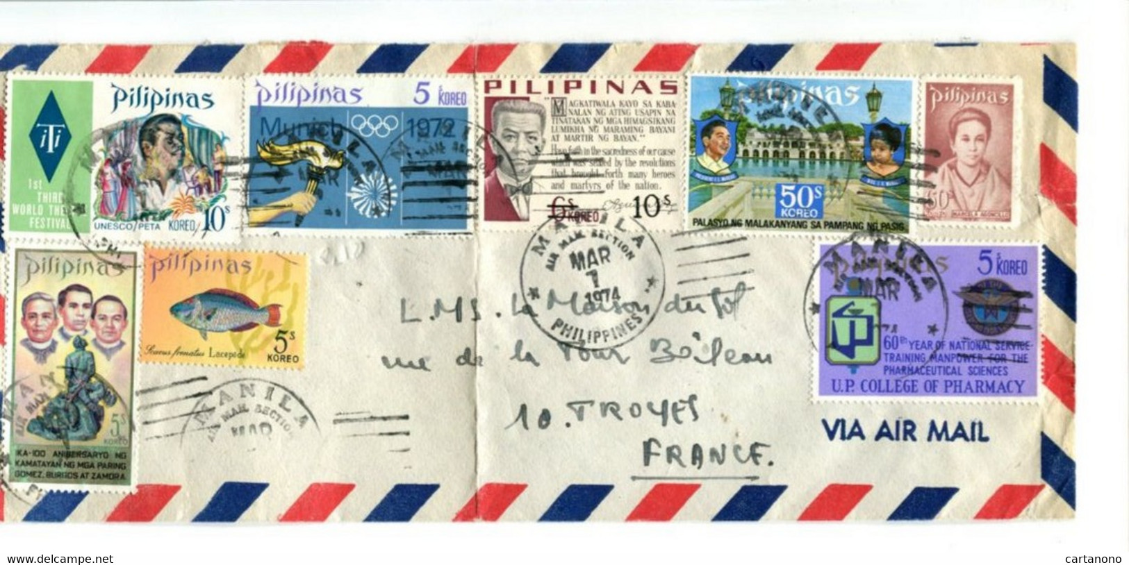 PHILIPPINES - Affr. Sur Lettre Par Avion Pour La France - Filippijnen