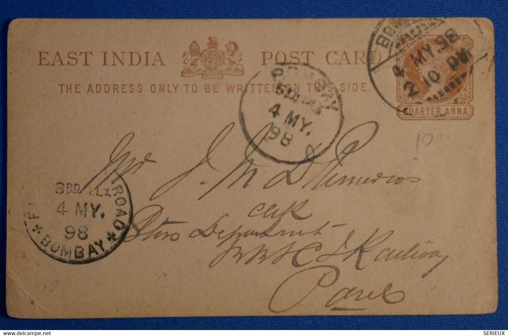 N20 INDE BELLE CARTE 1898 BOMBAY POUR PARIS FRANCE + AFFRANCHISSEMENT INTERESSANT - 1882-1901 Empire