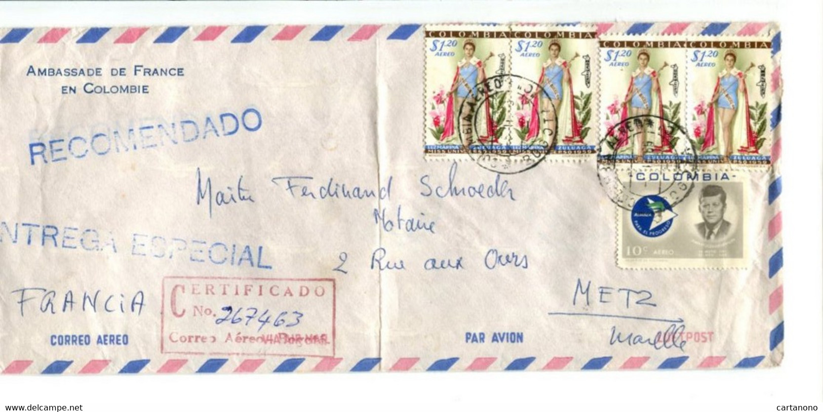 COLOMBIE 1965 - Affr. Sur Lettre Recommandée Par Avion Pour La France - Miss Univers Femme Kennedy - Colombie