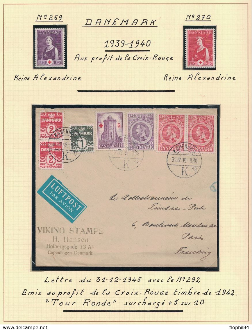 DANEMARK - CROIX ROUGE - LETTRE POUR PARIS DU 31-12-1945 AVEC LA TOUR RONDE AVEC SURCHARGE +5 - SUR FEUILLE LINDNER - Brieven En Documenten