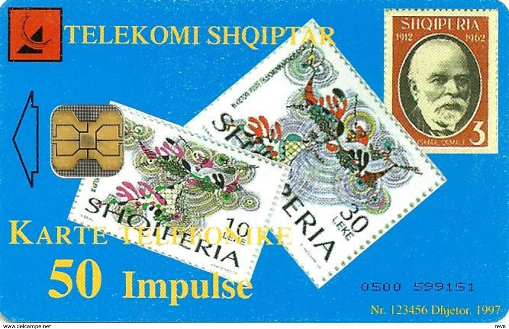 ALBANIA 50 U MAN ON STAMPS FRONT OLD 1912 TELEPHONE BACK CHIP 1997 USED READ DESCRIPTION !!! - Albanien