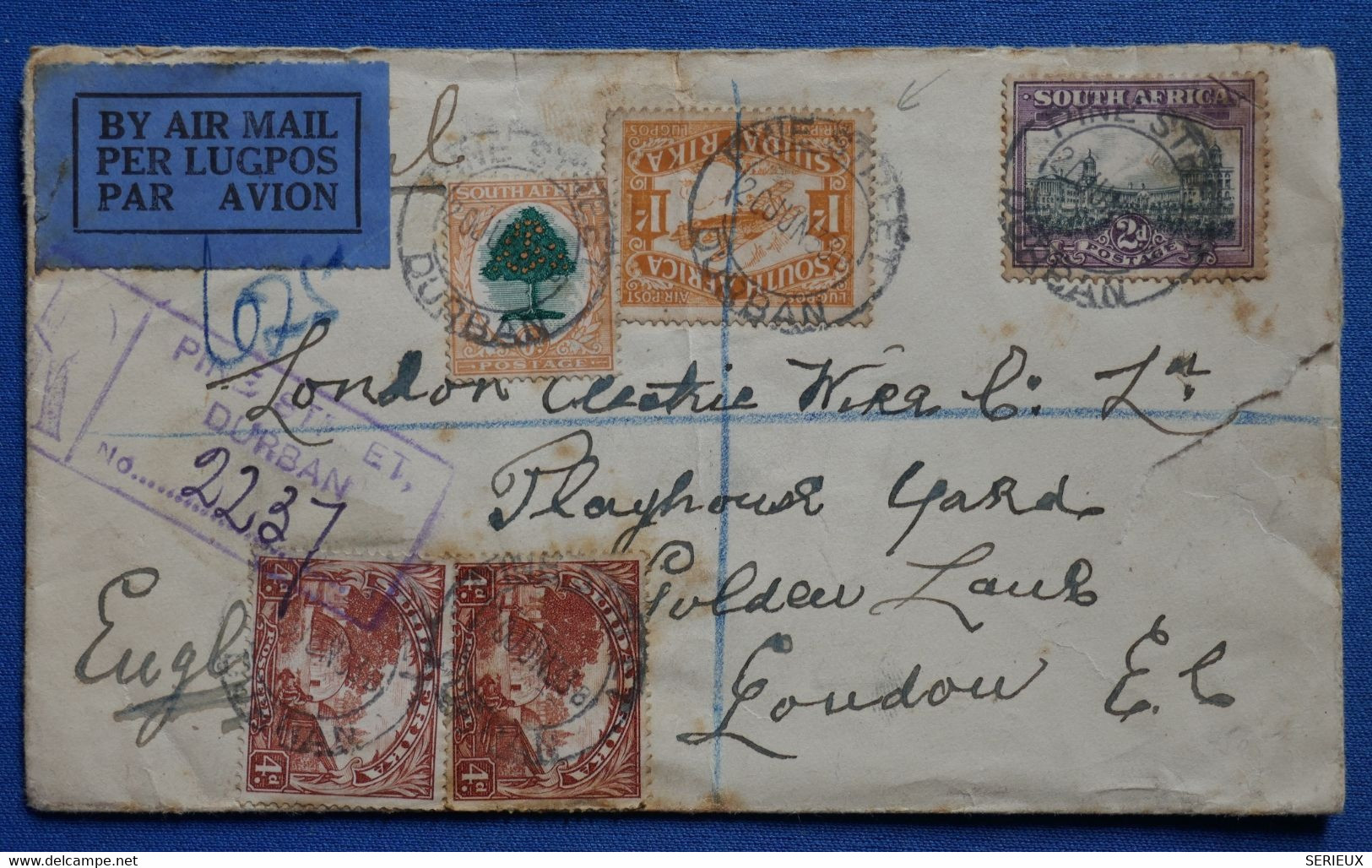 Y14 SOUTH WEST AFRIKA BELLE LETTRE RARE 1933 PETIT BUREAU DURBAN POUR LONDON G.B++ 1 S. ORANGE P. AERIENNE ++ - Poste Aérienne