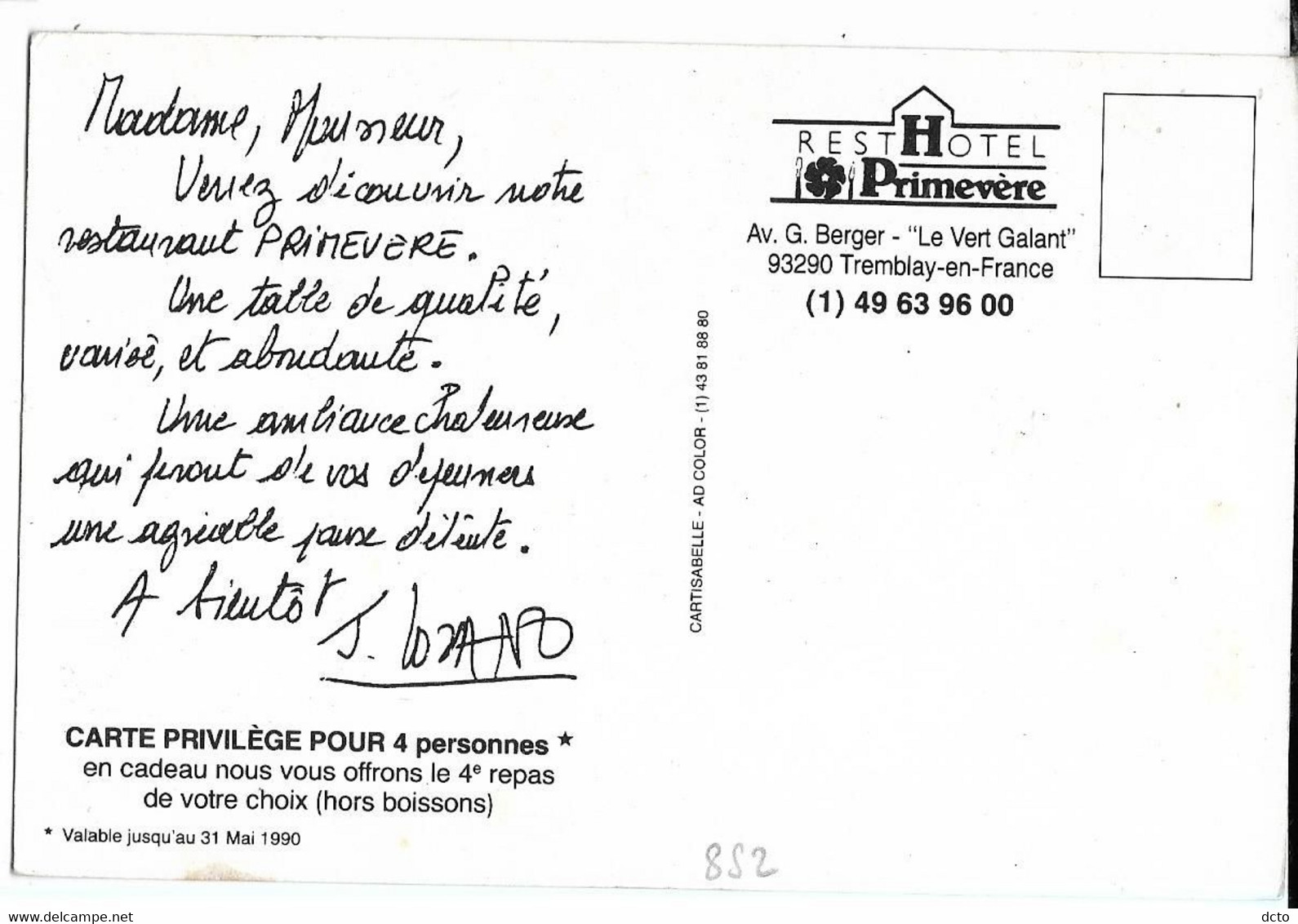 TREMBLAY-les-GONESSE (93) RestHotel Primevère Hotel, Cpm Publicitaire - Tremblay En France