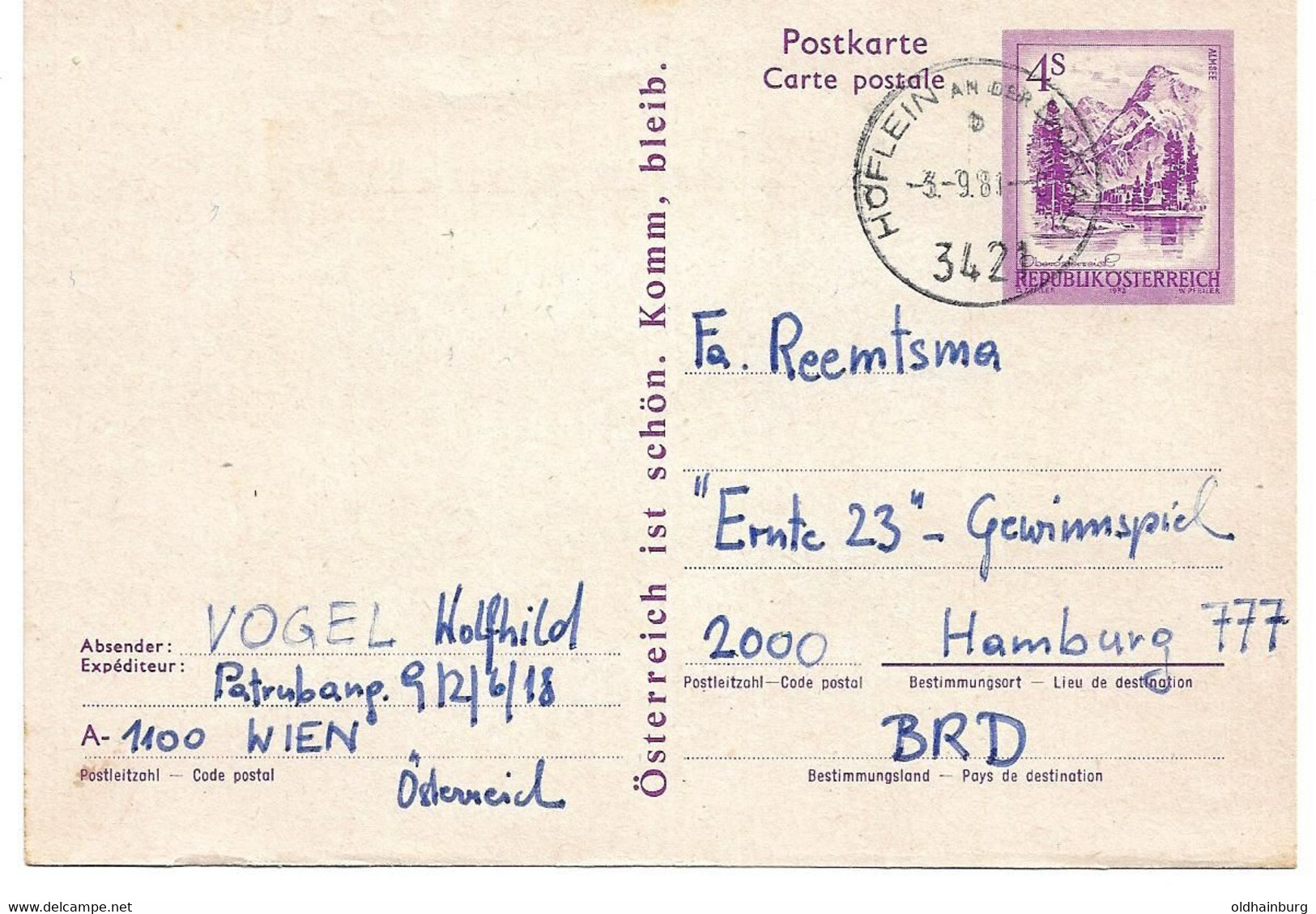 1948n: Postkarte Gest. 3421 Höflein An Der Donau, 1981 Nach Hamburg Gelaufen - Tulln