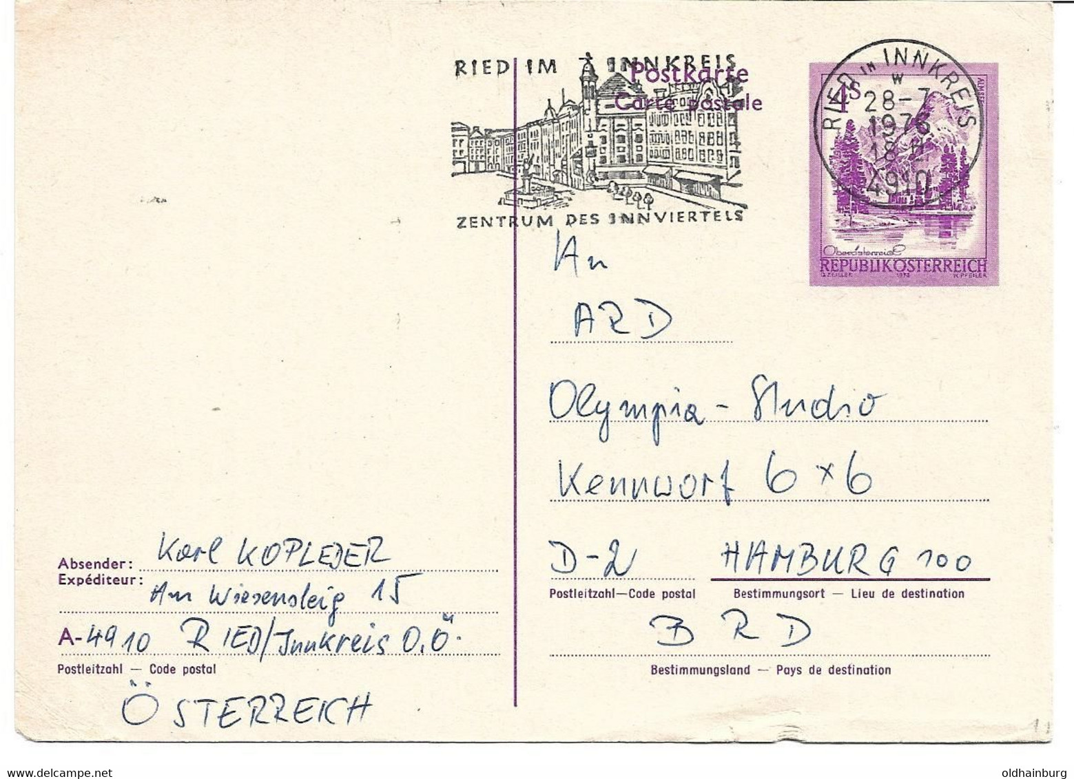 1948q: Postkarte Gest. 4910 Ried Im Innkreis, Werbestempel, 1981 Nach Hamburg Gelaufen - Ried Im Innkreis