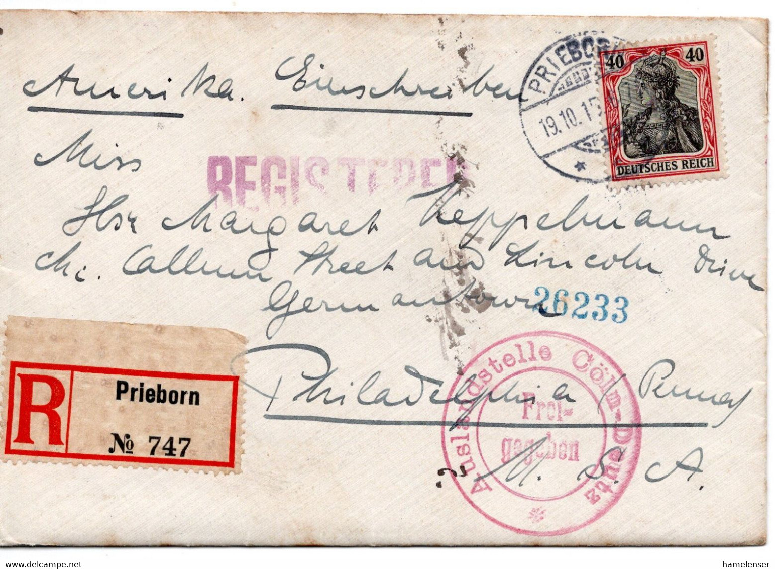 55861 - Deutsches Reich - 1915 - 40Pfg. Germania EF A. R-Bf. M. Dt. Zensur  PRIEBORN -> PHILADELPHIA, PA (USA) - Storia Postale