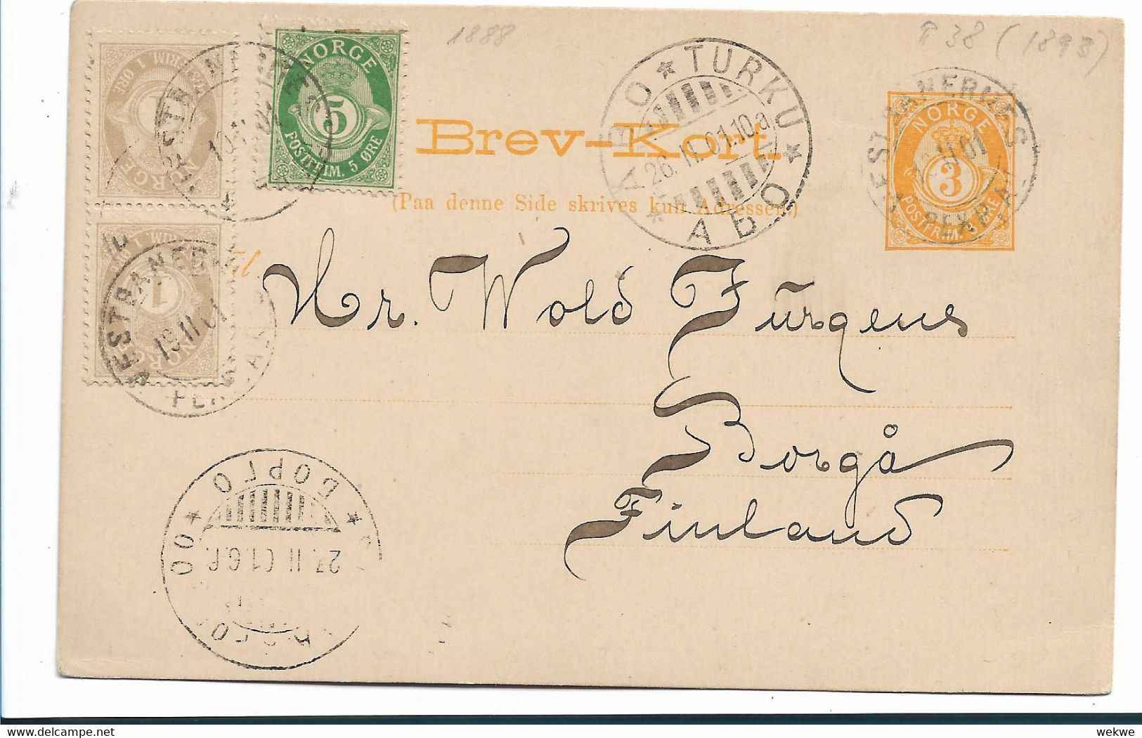 Nor192 / NORWEGEN .-  Posthornausgabe Verschiedener Jahre Nach Finnland Per Vestbahn 1901-Turku-Borga - Lettres & Documents