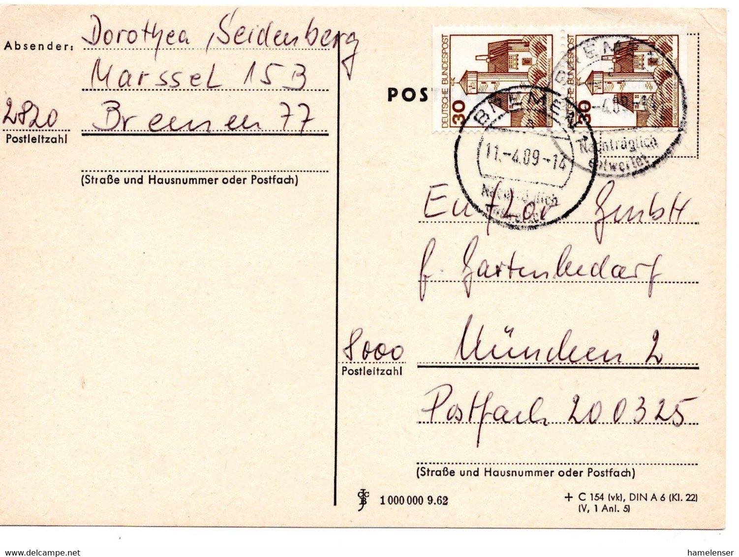 55863 - Bund - 1989 - 30Pfg. B&S Paar Aus MH A. Kte BREMEN - NACHTRAEGLICH ENTWERTET - Muenchen - Cartas & Documentos