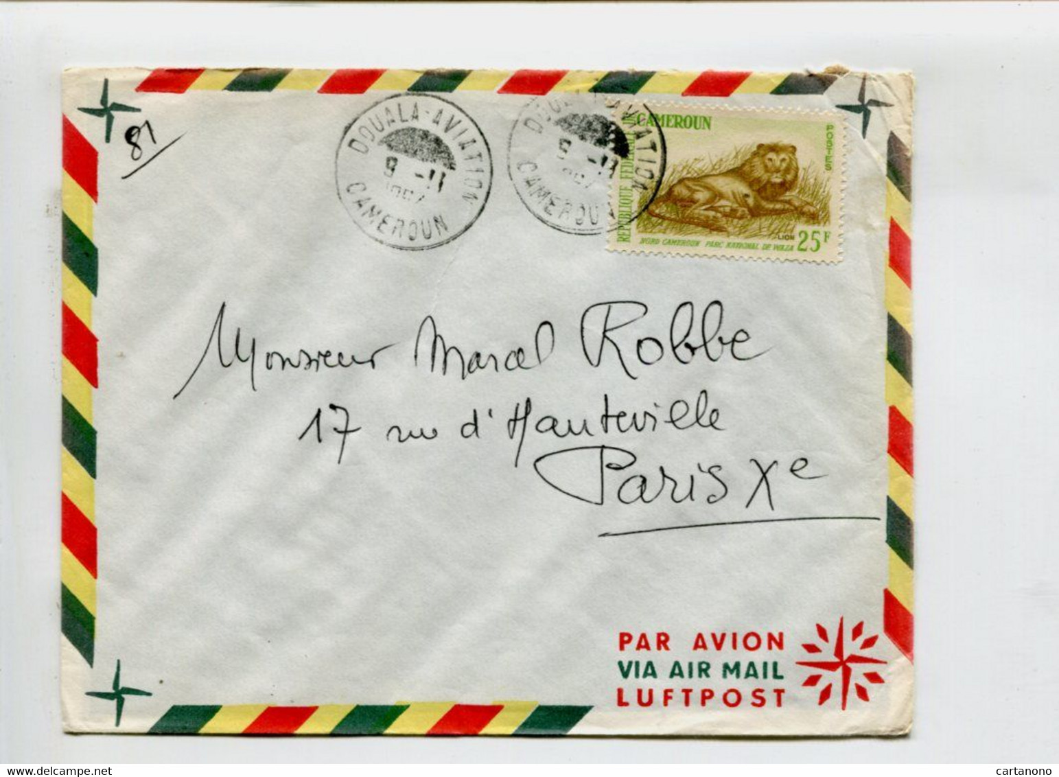 CAMEROUN DOUALA  AVIATION - Affr. Sur Lettre Par Avion - 25f Lion - Kamerun (1960-...)