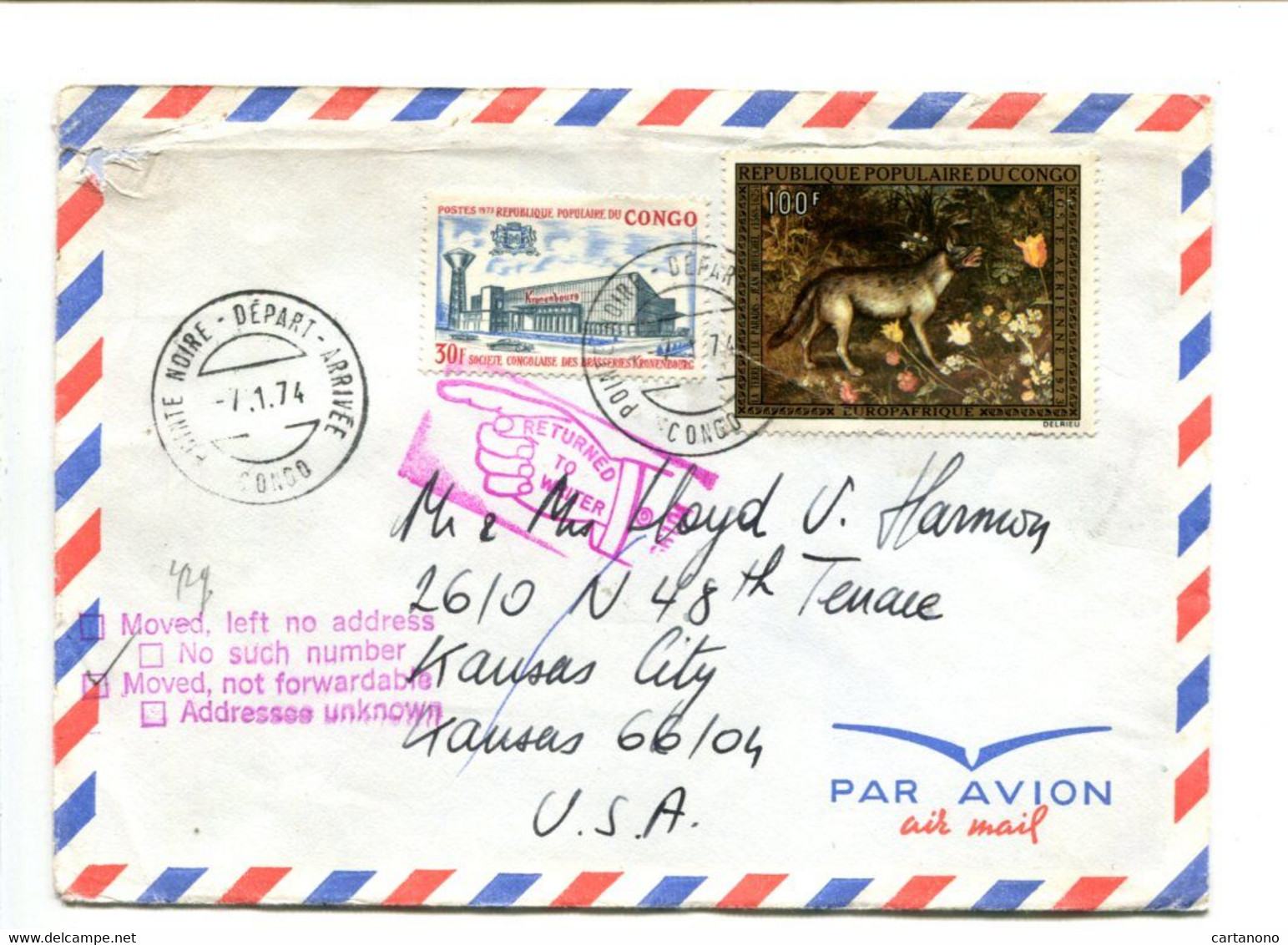 CONGO Pointe Noire 1974- Affr. Sur Lettre Par Avion + Cachet "retour à L'envoyeur" Pour USA - Altri & Non Classificati