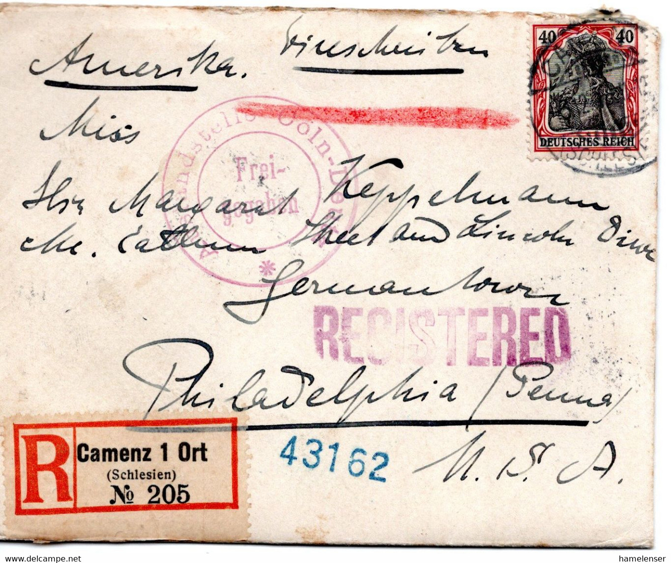 55869 - Deutsches Reich - 1915 - 40Pfg. Germania EF A. R-Bf. M. Dt. Zensur  CAMENZ -> PHILADELPHIA, PA (USA) - Briefe U. Dokumente