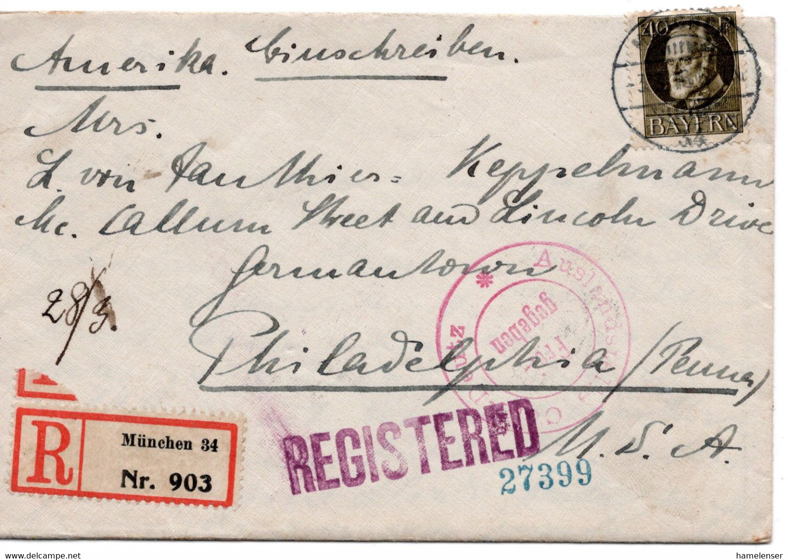 55870 - Altdeutschland / Bayern - 1915 - 40Pfg. Luitpold EF A. R-Bf. M. Dt. Zensur  MUENCHEN -> PHILADELPHIA, PA (USA) - Lettres & Documents