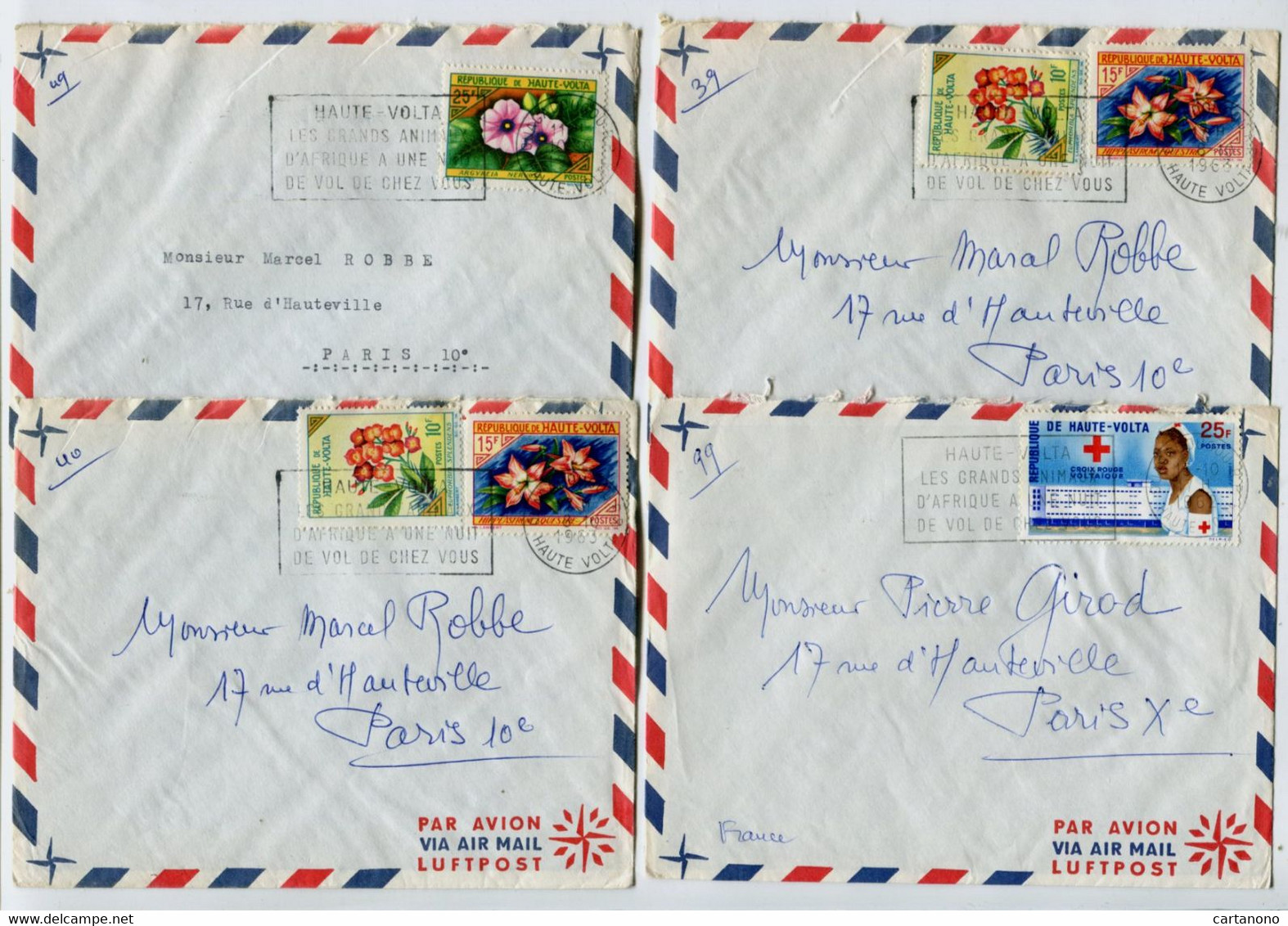 HAUTE VOLTA  - 4 Lettres  Affr. Sur Lettre Par Avion Pour La France - Fleurs Croix Rouge - Obervolta (1958-1984)