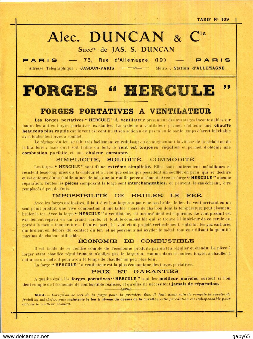 DOCUMENTATION TARIF.FORGES PORTATIVES A VENTILATEUR " HERCULE " ALEC DUNCAN.PARIS. - Non Classés