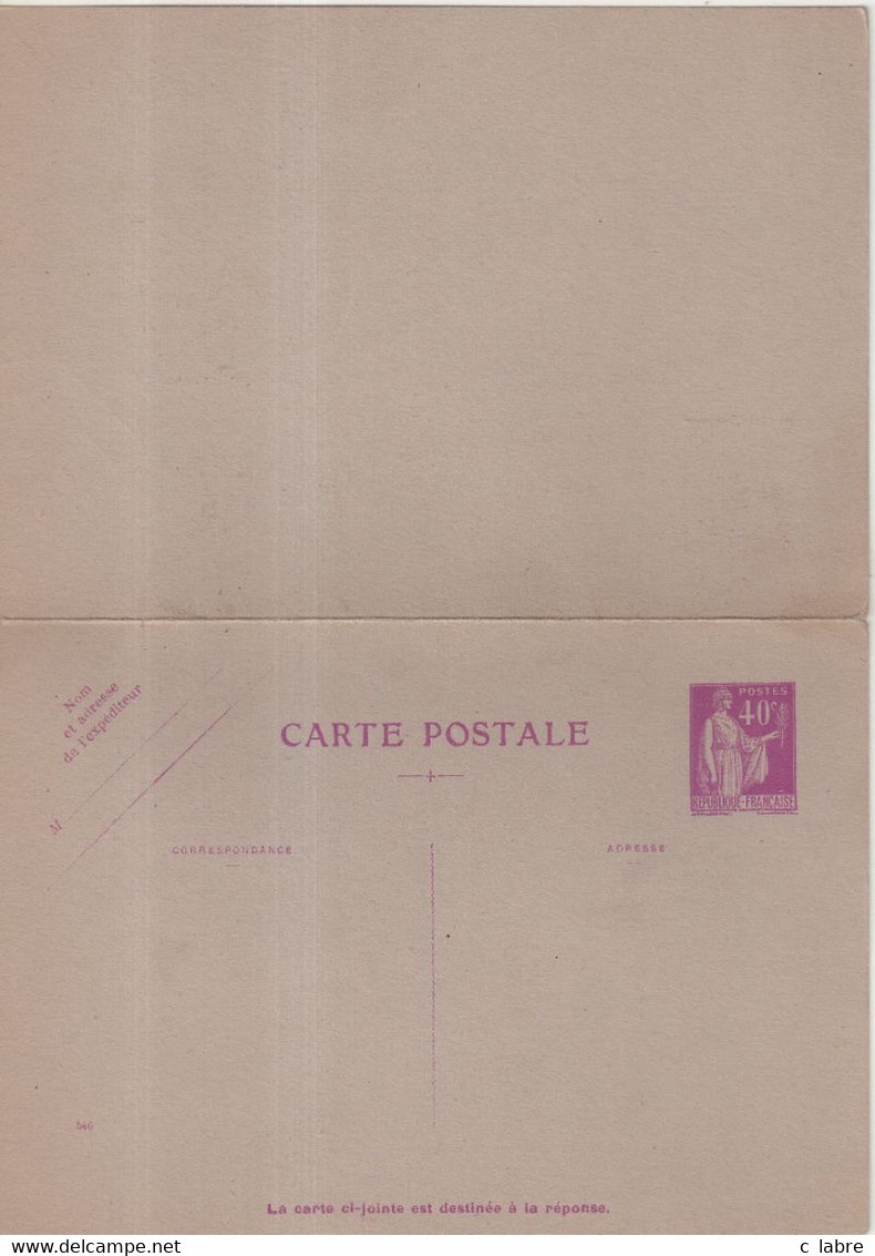 FRANCE : ENTIER POSTAL . 40 Cts . TYPE PAIX . CPRP . AVEC DATE . TB . 1935 . - Standard- Und TSC-AK (vor 1995)