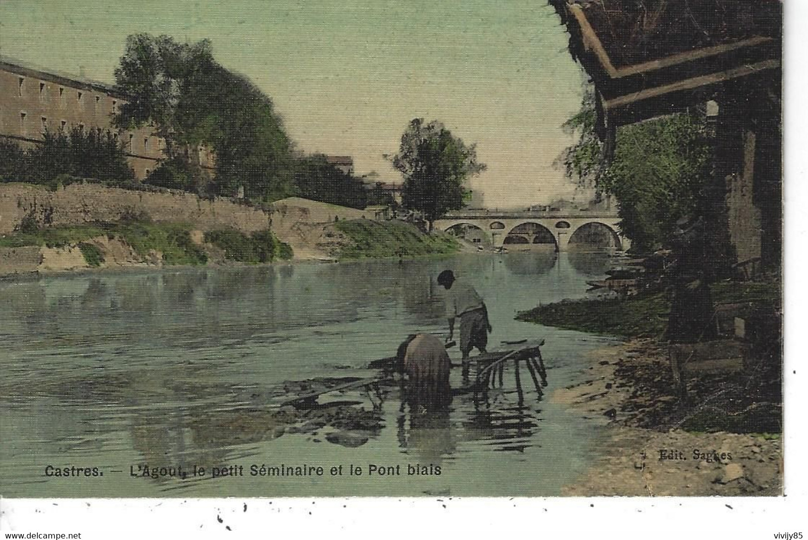 81 - CASTRES - T.Belle Vue Couleur Animée ( Carte Aspect Toilé ) De L'Agout , Le Petit Séminaire Et Le Pont Biais - Valence D'Albigeois