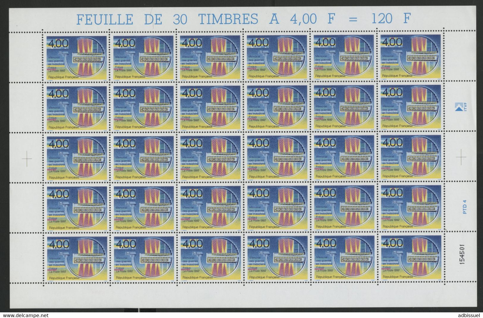 N° 2791 4 Fr Mémorial Guerre D'Indochine  Feuille De 30 Ex Vendue à La Valeur Faciale. ** MNH COTE 63 € Voir Description - Feuilles Complètes