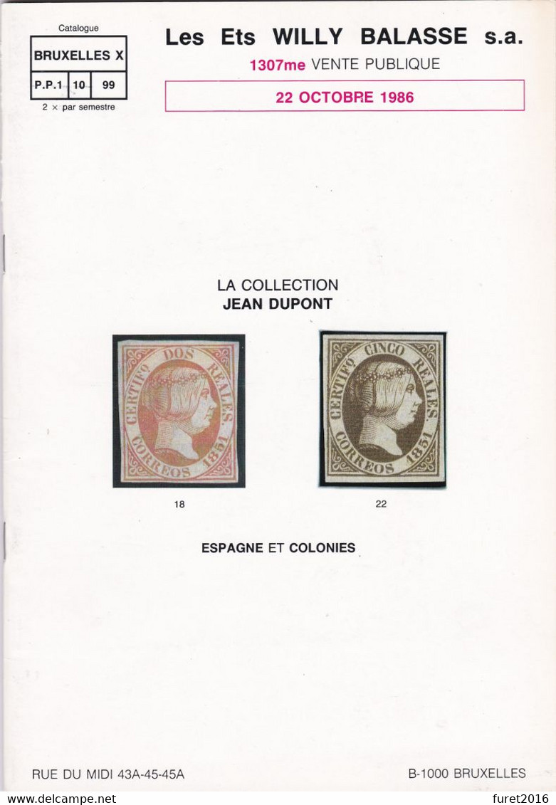 COLLECTION JEAN DUPONT   CATALOGUE DE VENTE WILLY BALASSE  N° 1307 - Catalogues De Maisons De Vente