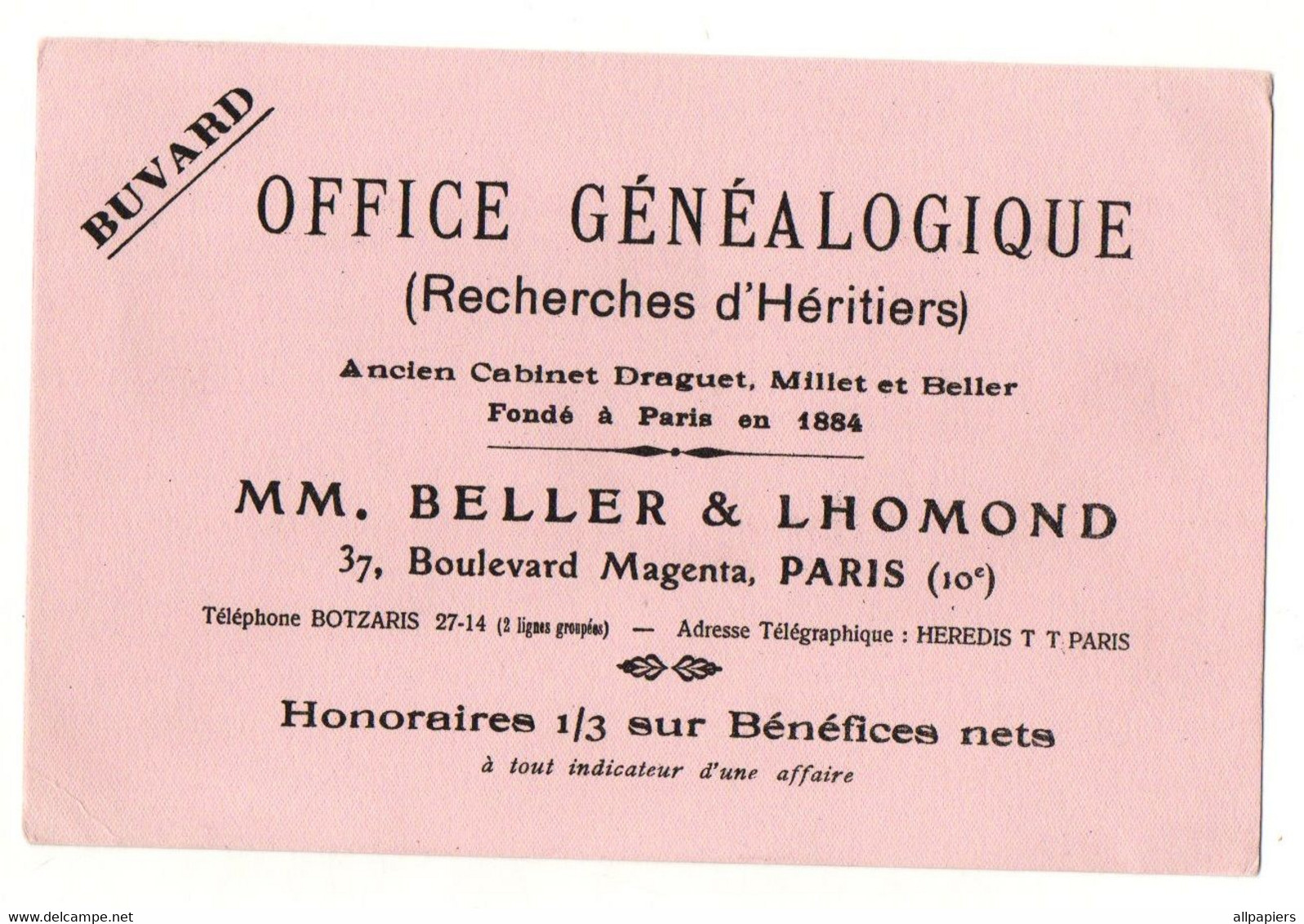 Buvard Office Généalogique ( Recherches D'héritiers) MM. Beller & Lhomond Paris - Format : 21x13.5 Cm - G