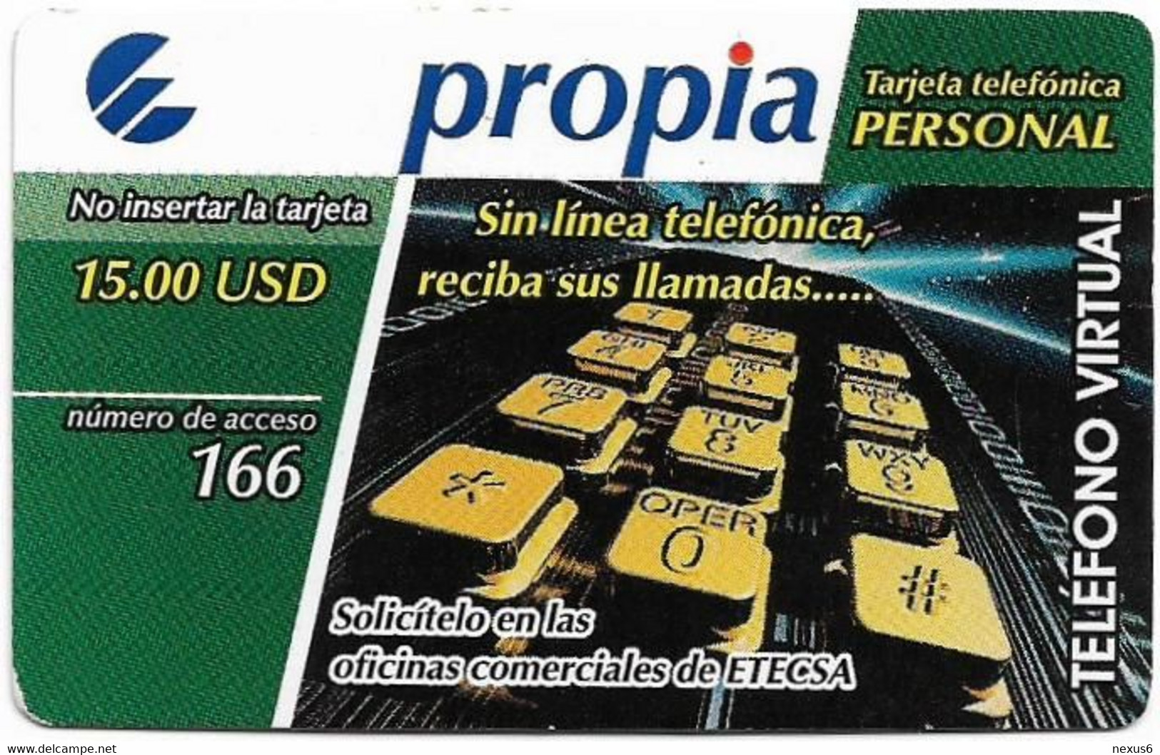 Cuba - Etecsa Propia - Telefono Virtual, Exp.20.11.2005, Remote Mem. 15$, Used - Cuba