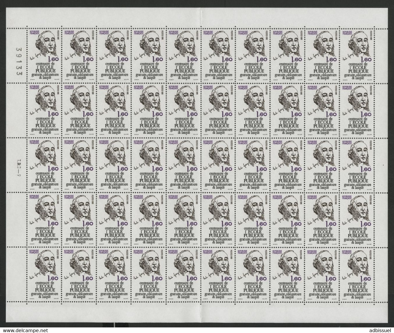 N° 2167 1,60 Fr JULES FERRY Feuille De 50 Ex. Vendue à La Valeur Faciale. ** MNH COTE 50 € (voir Description) - Full Sheets