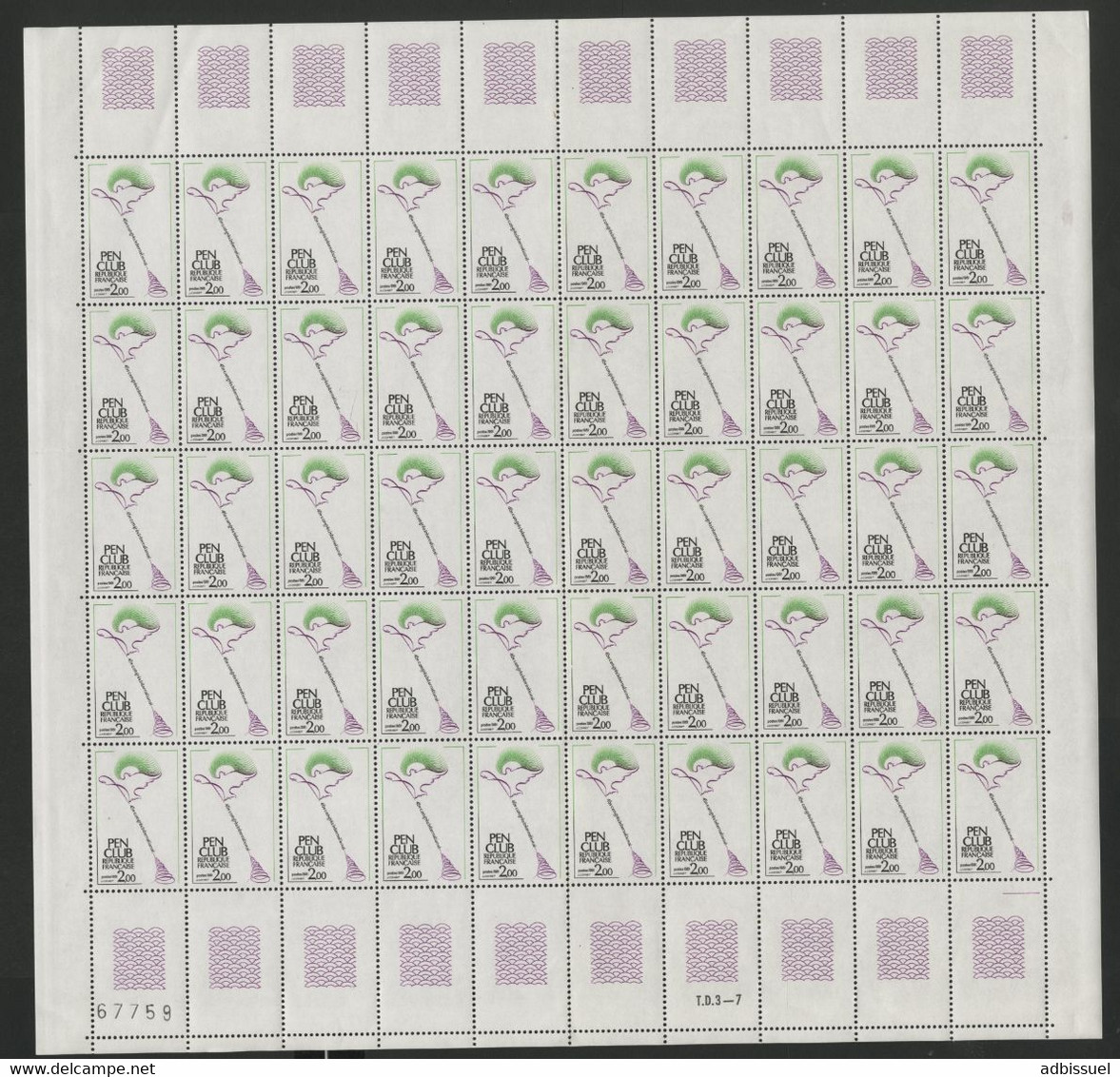 N° 2164 2 Fr "PEN" CLUB Feuille De 50 Ex. Vendue à La Valeur Faciale. ** MNH COTE 50 € (voir Description) - Feuilles Complètes