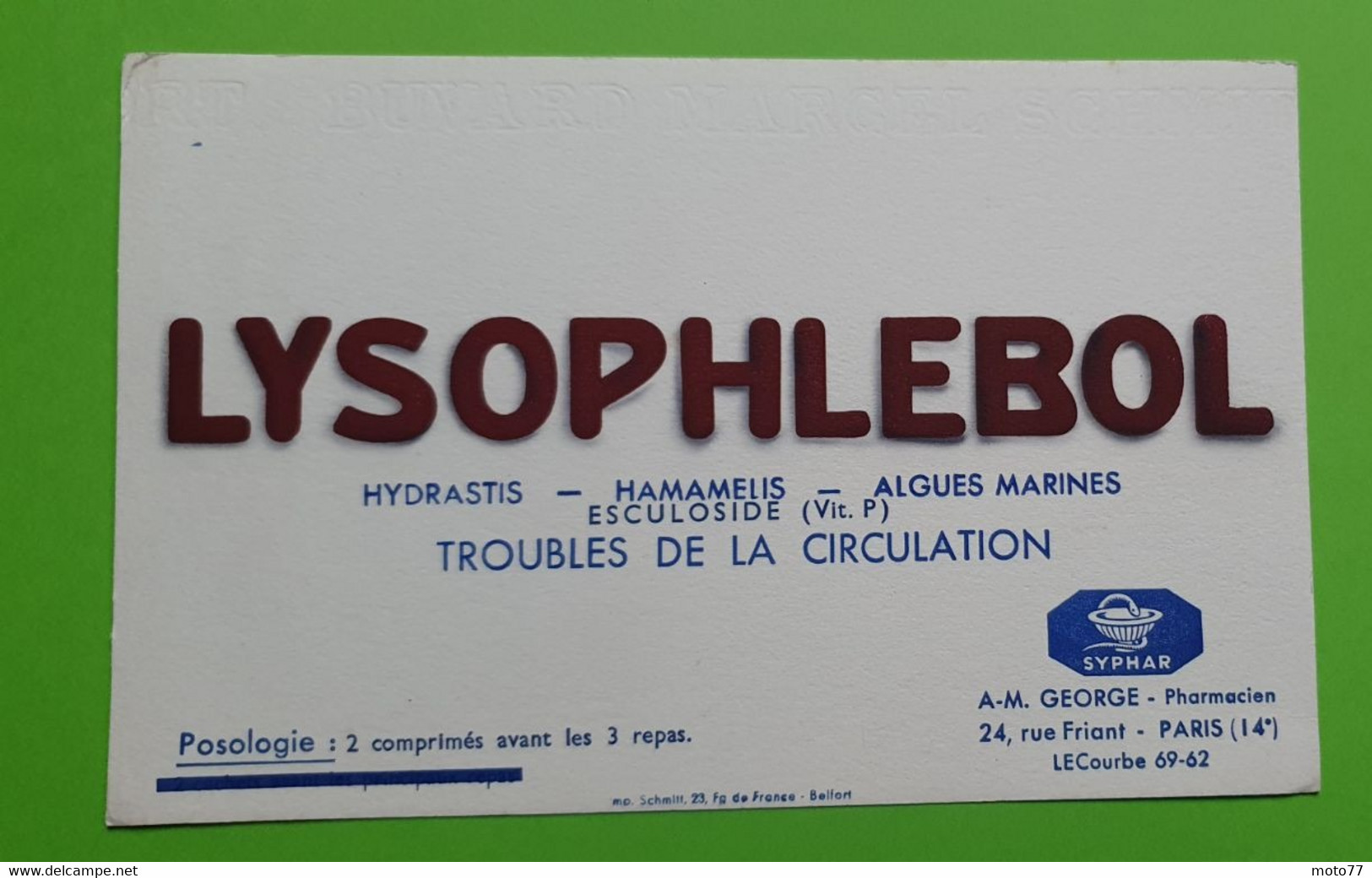 Buvard 548 - Laboratoire Syphar - LYSOPHLEBOL - Etat D'usage : Voir Photos - 21x13.5 Cm Environ - Vers 1950 - Produits Pharmaceutiques