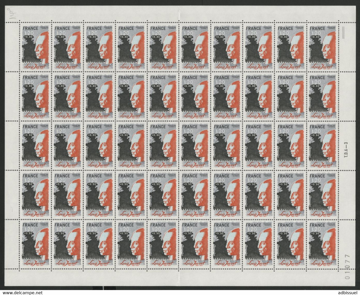 N° 2149 1,20 Fr + 0,30 Louis JOUVET Feuille De 50 Ex. Vendue à La Valeur Faciale. ** MNH COTE 40 € (voir Description) - Full Sheets