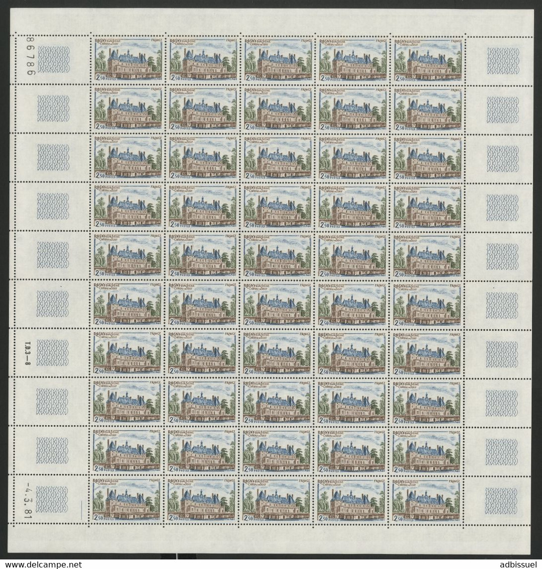 N° 2135 2,50 Fr Château De SULLY Feuille De 50 Ex. Vendue à La Valeur Faciale. ** MNH COTE 60 € (voir Description) - Full Sheets