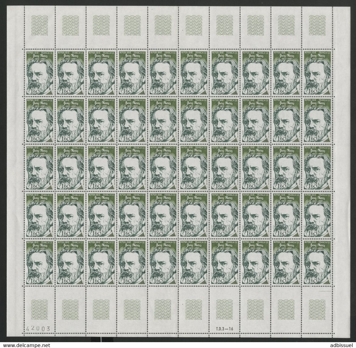 N° 2215 1,60 Fr Jules VALLES Feuille De 50 Ex. Vendue à La Valeur Faciale. ** MNH COTE 50 € (voir Description) - Full Sheets