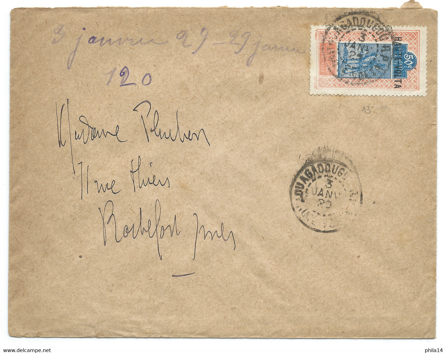 SP COVER ENVELOPPE AOF SURCHARGE HAUTE VOLTA / OUAGADOUGOU 1929 POUR ROCHEFORT SUR MER FRANCE - Lettres & Documents