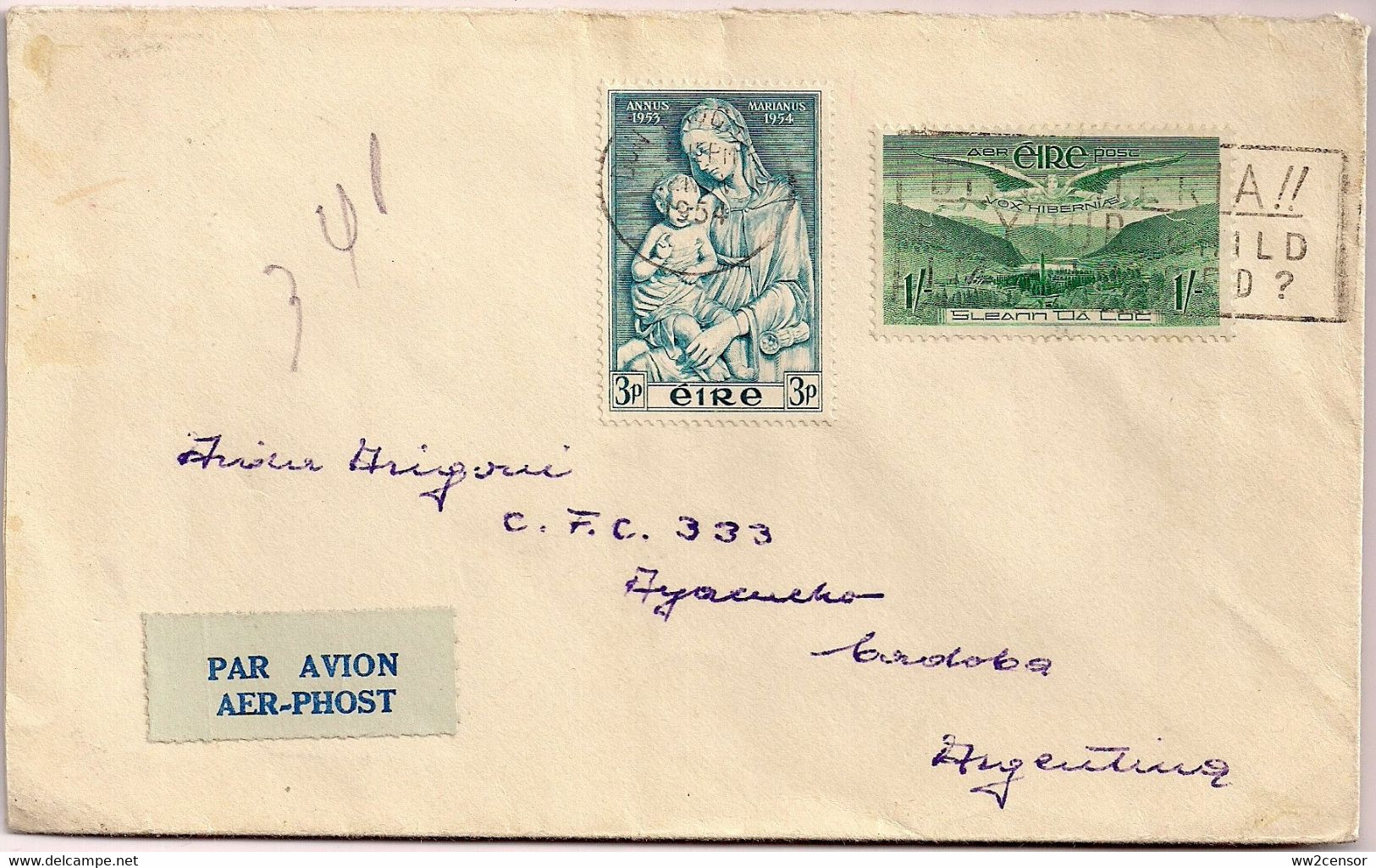 Ireland-Irlande-Irland 1954 Airmail Cover Dun Laoghaire - Argentina - Cartas & Documentos