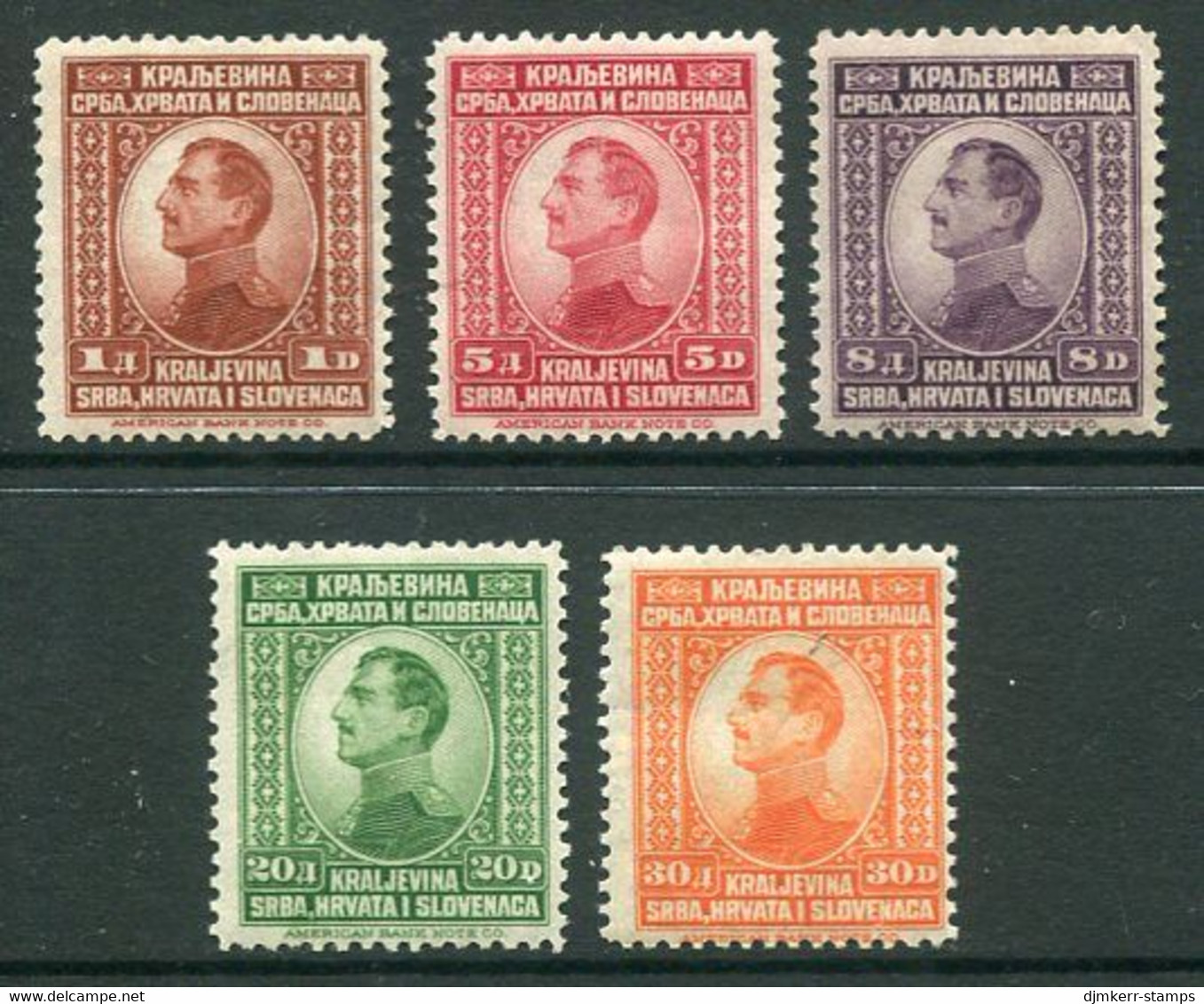 YUGOSLAVIA 1923 King Alexander Definitive Dinar Values LHM / *.  Michel 169-73 - Unused Stamps