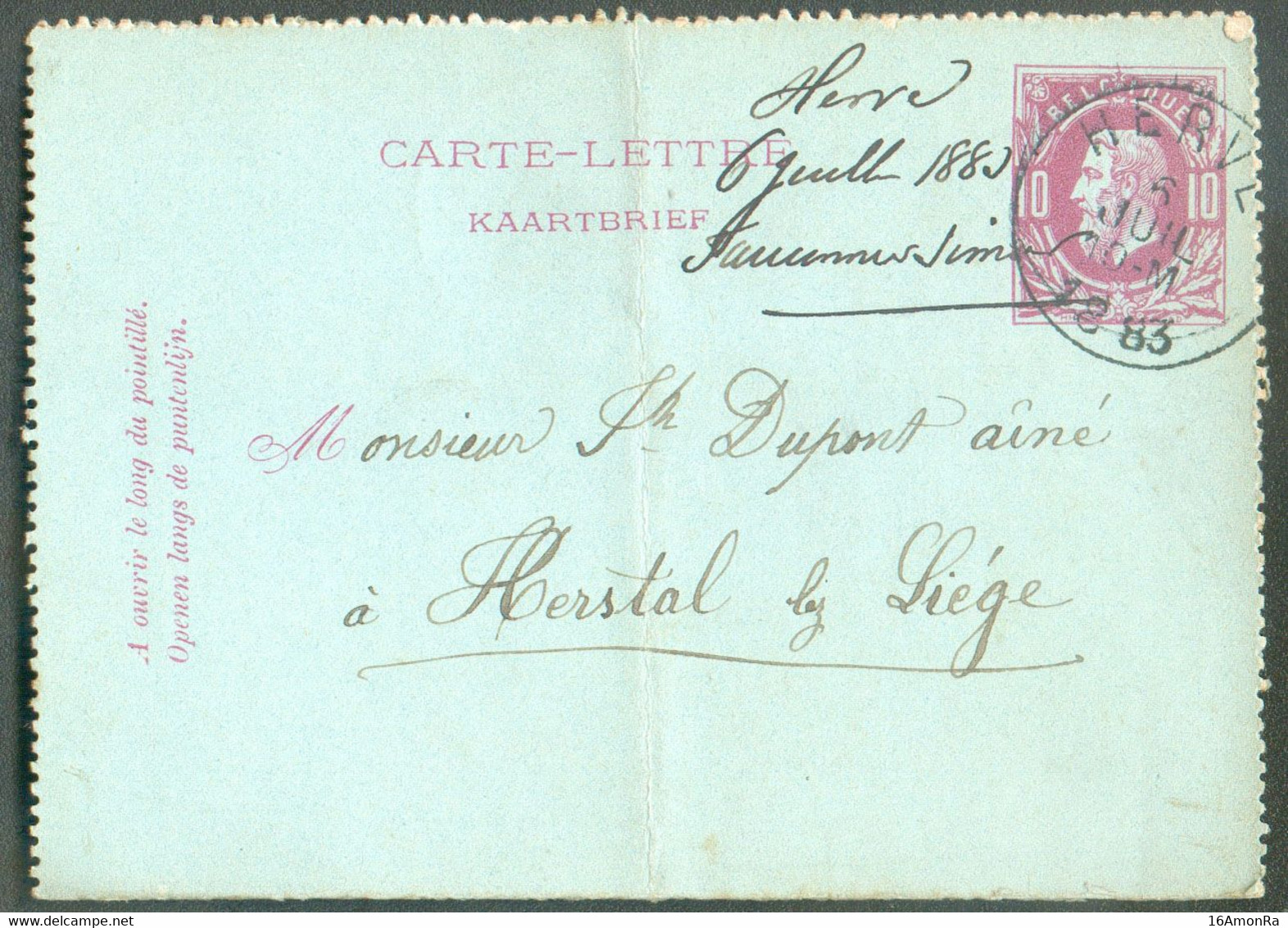 Entier Carte-lettre 10c. Rouge Sur Verdâtre, Obl. Sc HERVE 6 Juillet 1883 Vers Herstal - 18952 - Postbladen