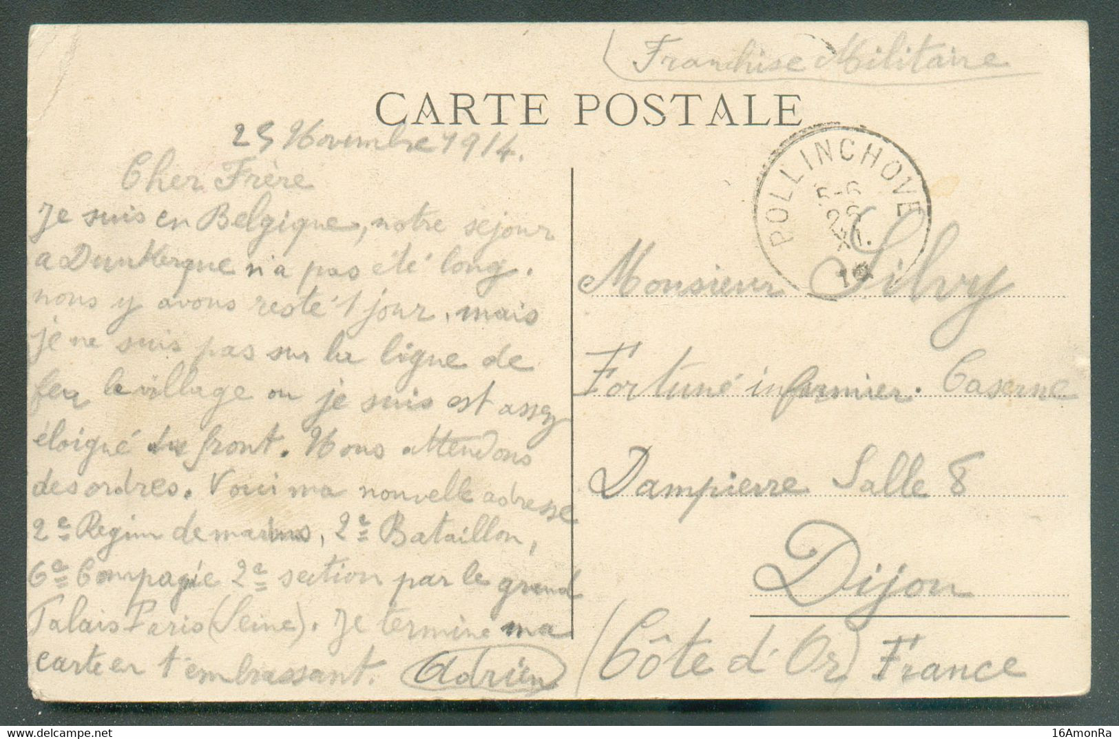 C.P. En S.M. De POLLINCHOVE Le 26-XI-1914 Vers Dijon.  TB Frappe - 18953 - Zona Non Occupata