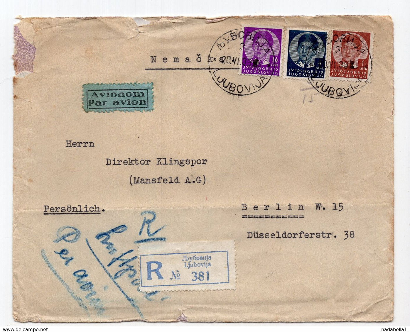 1939. KINGDOM OF YUGOSLAVIA,SERBIA,REGISTERED AIRMAIL COVER LJUBOVIJA TO BERLIN,GERMANY - Luchtpost