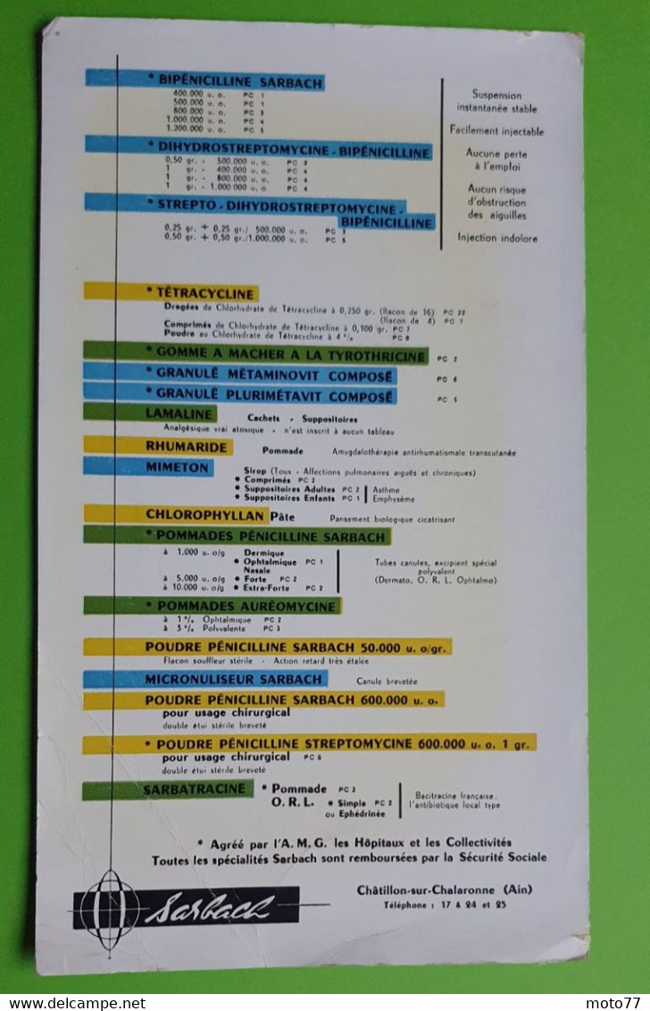 Buvard 468 - Laboratoire Sarbach - Tableau Des Médicaments - Etat D'usage :voir Photos - 14x24.5 Cm Environ - Vers 1960 - Produits Pharmaceutiques
