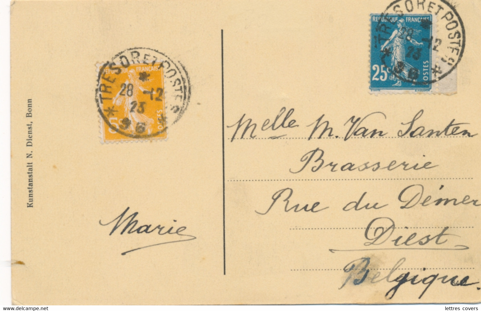 Semeuse N° 140 25c + 158 CàD " TRESOR ET POSTES *96* 28/12/23 " BONN Sur CP ETRANGER > Belgique Occupation Allemagne - Militaire Stempels Vanaf 1900 (buiten De Oorlog)