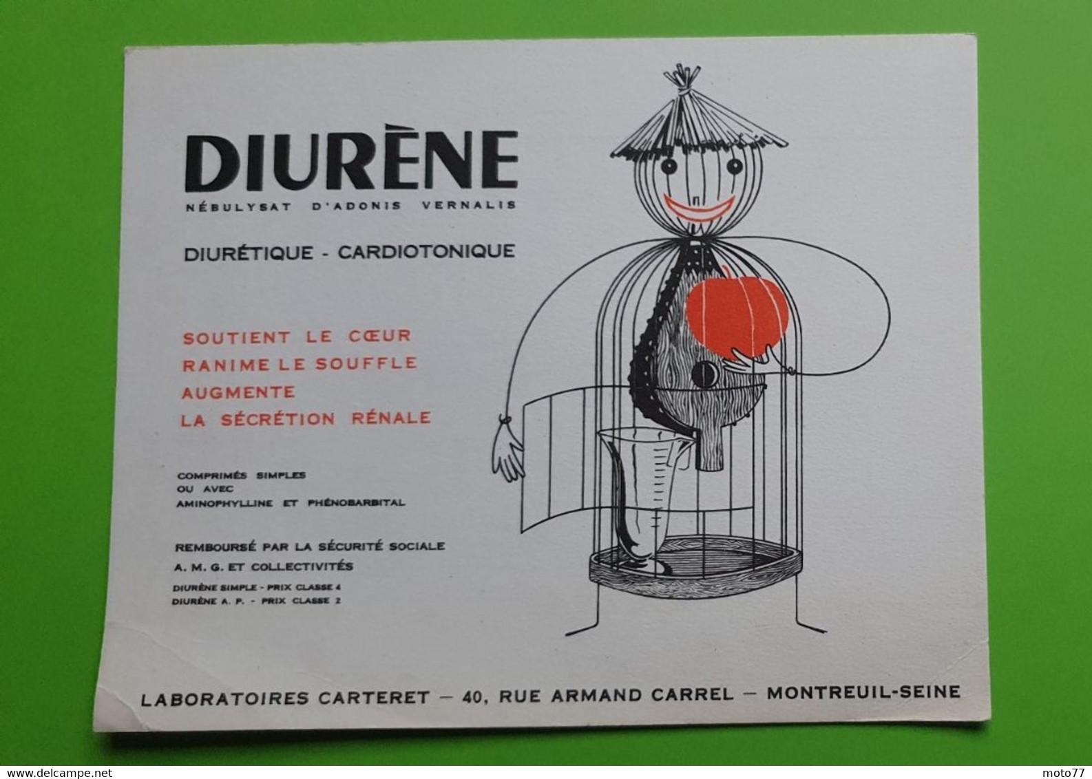 Buvard 475 - Laboratoire - DIURENE - Cage à Oiseau - Etat D'usage :voir Photos - 20x16 Cm Environ - Vers 1960 - Produits Pharmaceutiques