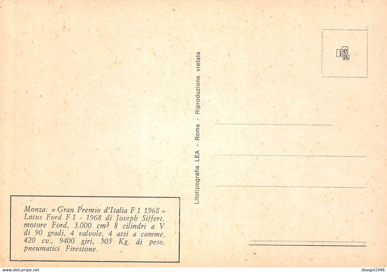 011001 "JOSEPH SIFFERT - LOTUS FORD F. 1 1968 - GRAN PREMIO D'ITALIA 1968 - MONZA" CARTOLINA  ORIG. NON SPED. - Automobile - F1
