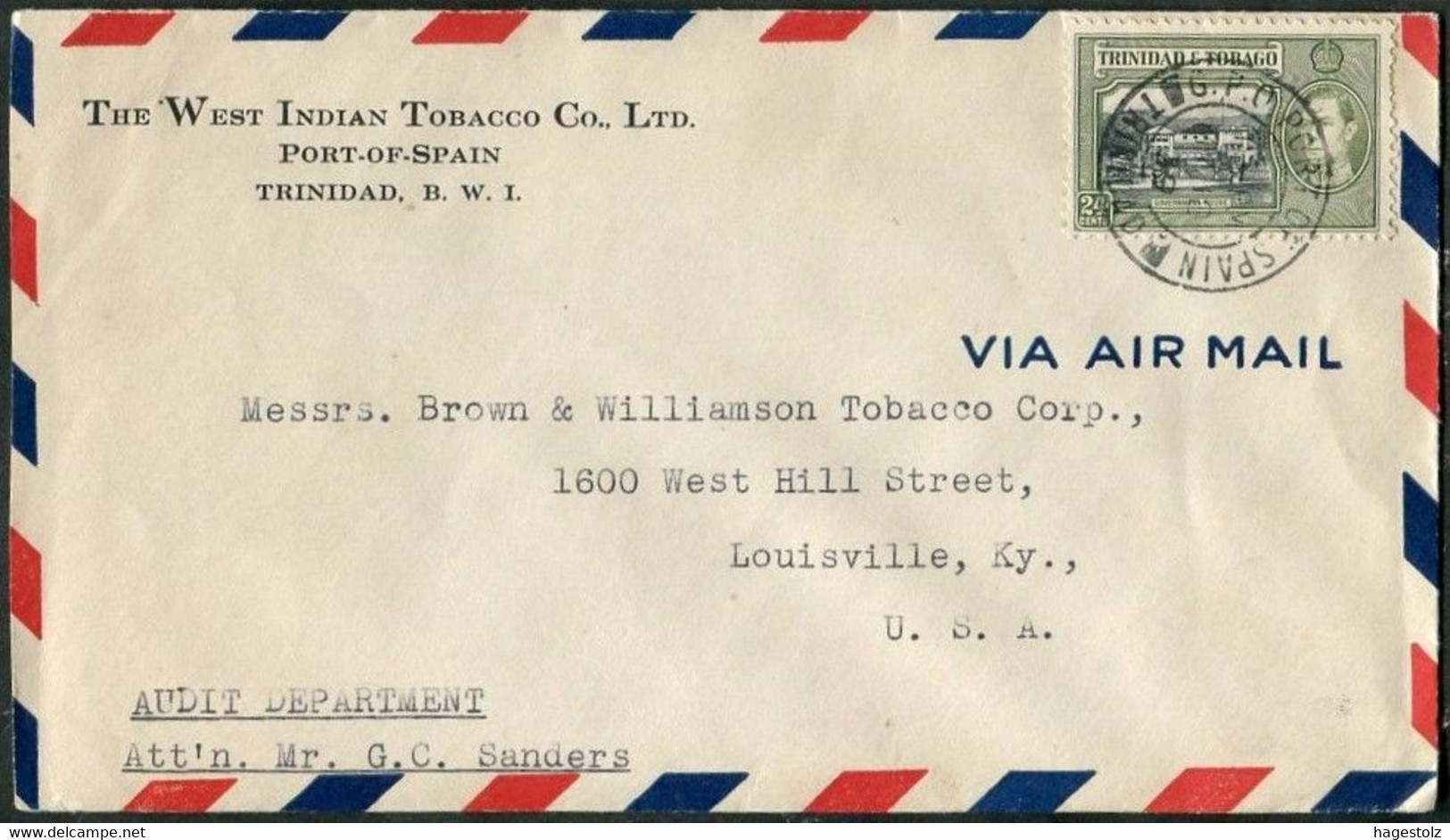 Trinidad & Tobago 1939 WEST INDIAN TOBACCO Cover PORT OF SPAIN Pmk Franked 24c Government House SG 253 Lettre Brief >USA - Trindad & Tobago (...-1961)