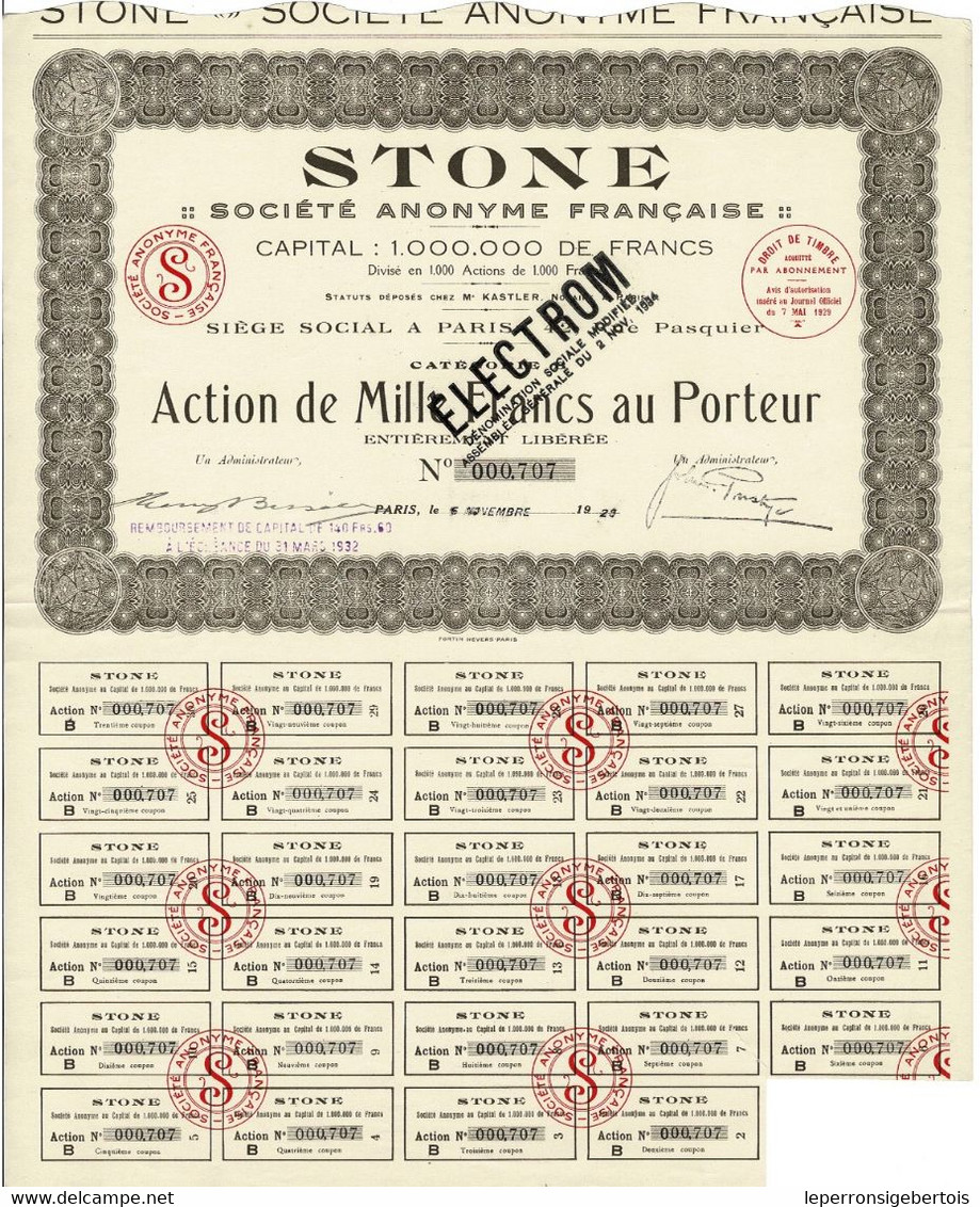 - Titre Ancien - STONE - Société Anonyme Française -  Titre De 1929 - Société Devenue Electron - Electricidad & Gas