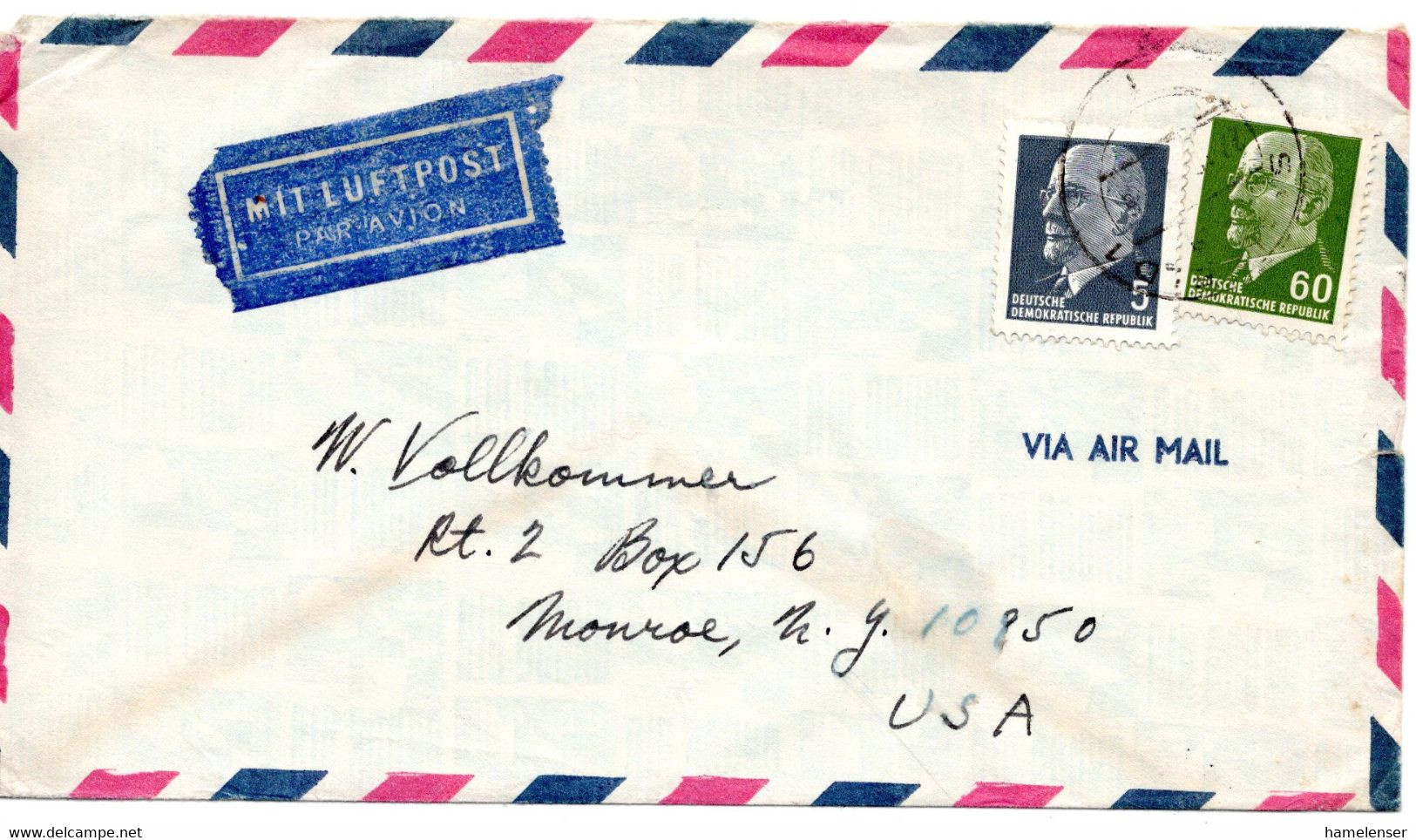 55890 - DDR - 1966 - 60Pfg. Ulbricht MiF A. LpBf. SAALFELD -> Monroe, NY (USA) - Briefe U. Dokumente