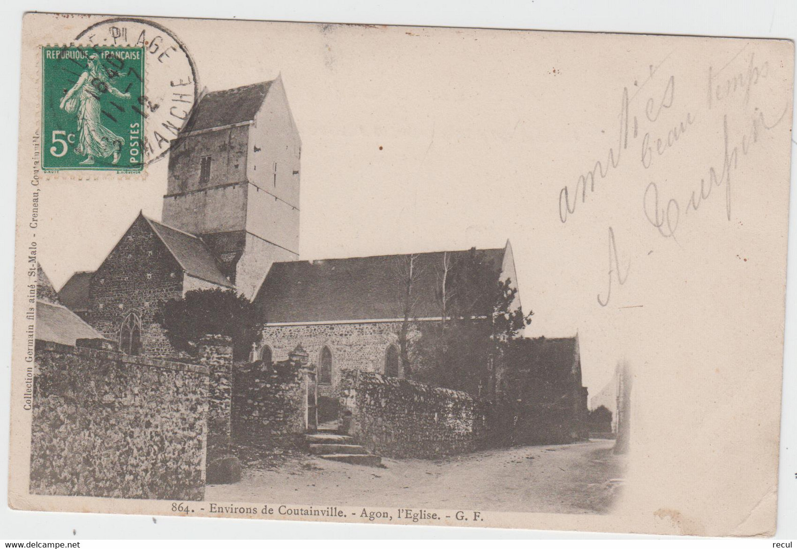 MANCHE - 864 - Environs De Coutainville - AGON , L'Eglise  ( - Carte Pionnière / Timbre à Date De  1912 ) ) - Other & Unclassified