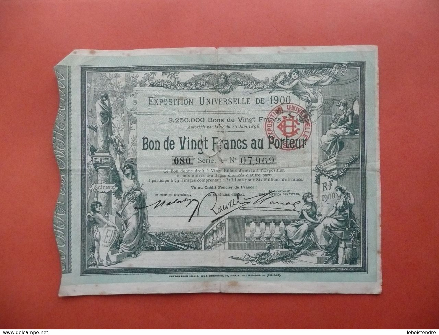 EXPOSITION UNIVERSELLE DE 1900 BON DE VINGT FRANCS AU PORTEUR 080 é SERIE N° 07,969 - D - F