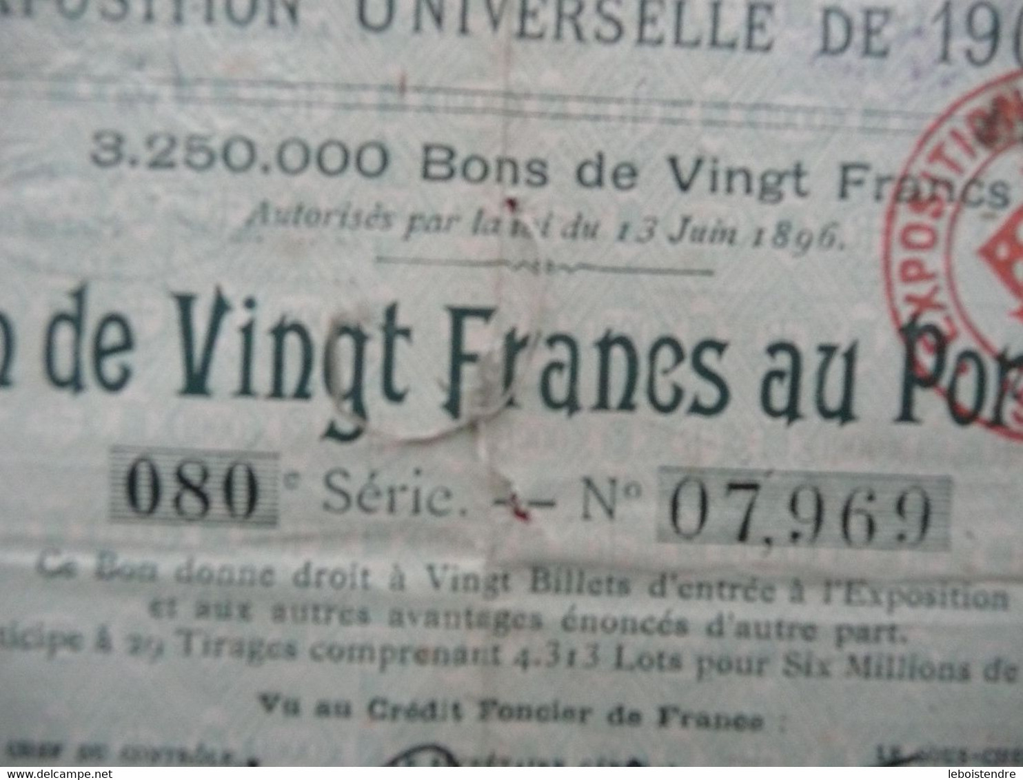 EXPOSITION UNIVERSELLE DE 1900 BON DE VINGT FRANCS AU PORTEUR 080 é SERIE N° 07,969 - D - F