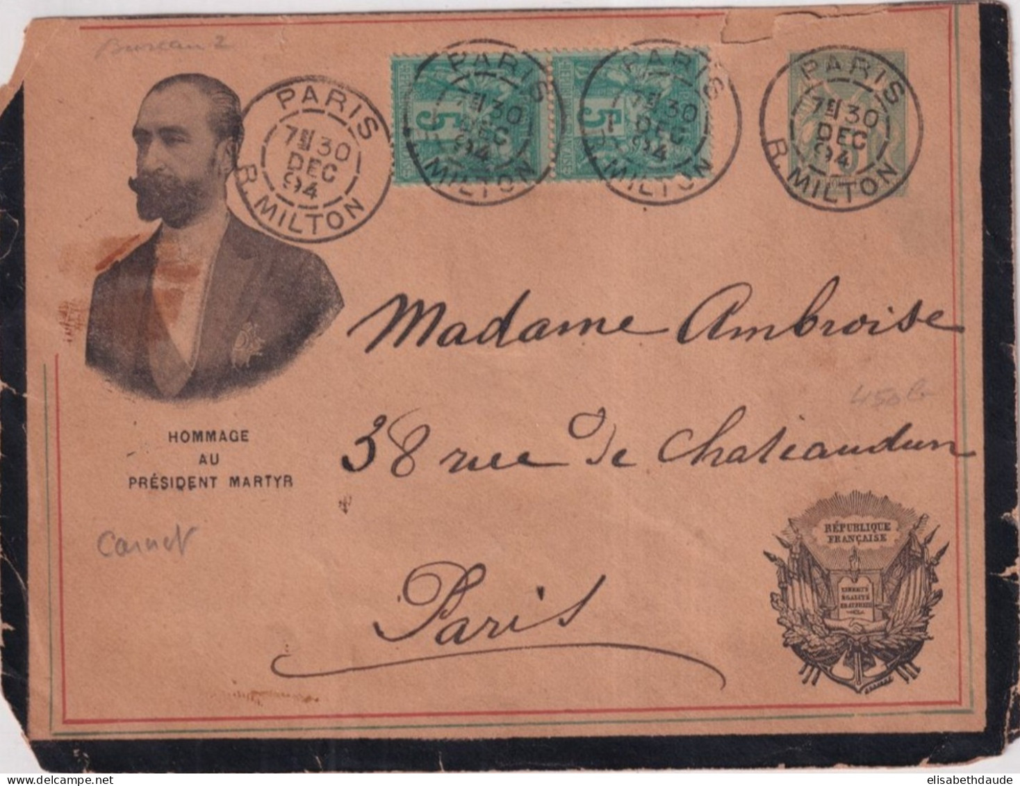 1894 - ENVELOPPE ENTIER SAGE ILLUSTREE - HOMMAGE AU PRESIDENT MARTYR CARNOT - ETAT MOYEN - Enveloppes Types Et TSC (avant 1995)