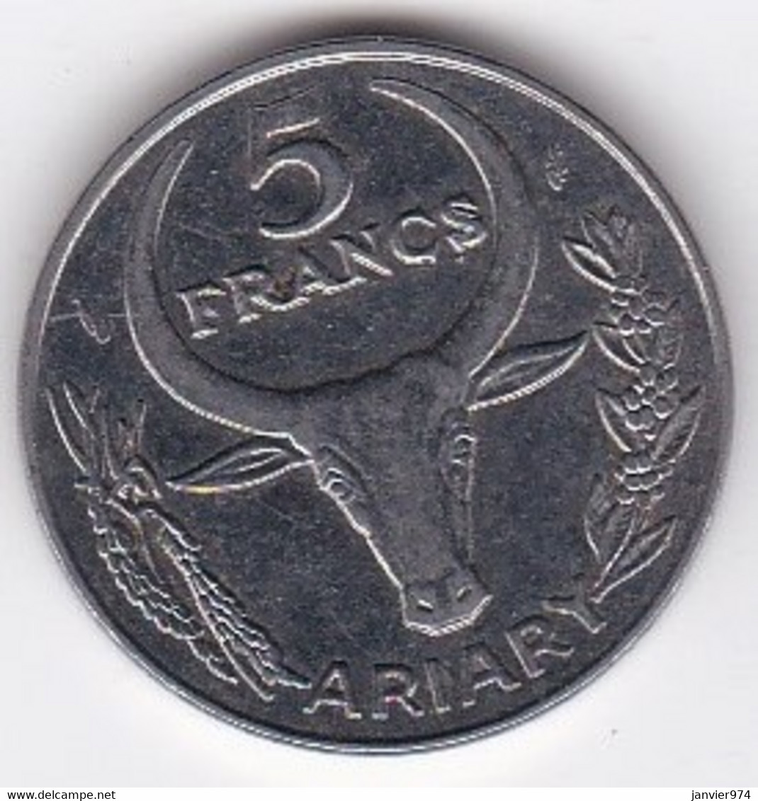 Madagascar 5 Francs 1989.  Buffle / Fleur, En Acier Inoxydable, KM# 10 - Madagascar