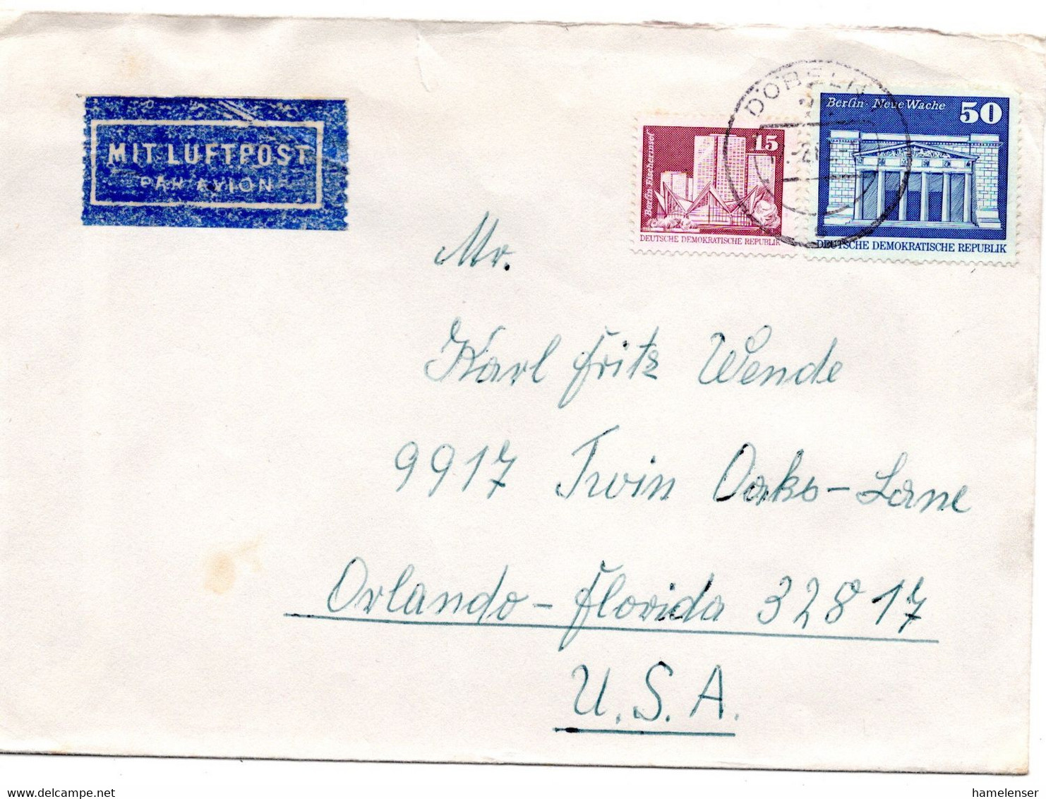55900 - DDR - 1981 - 50Pfg. Gr.Bauten MiF A. LpBf. DOEBELN -> Orlando, FL (USA) - Covers & Documents