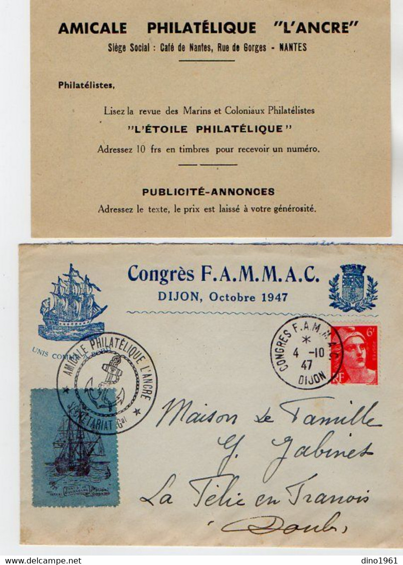 TB 3046 - 1947 - LAC - Lettre & Enveloppe Du Congrès F.A.M.M.A.C. DIJON X NANTES Pour LA FELIE EN FRANOIS ( Doubs ) - Briefmarkenmessen